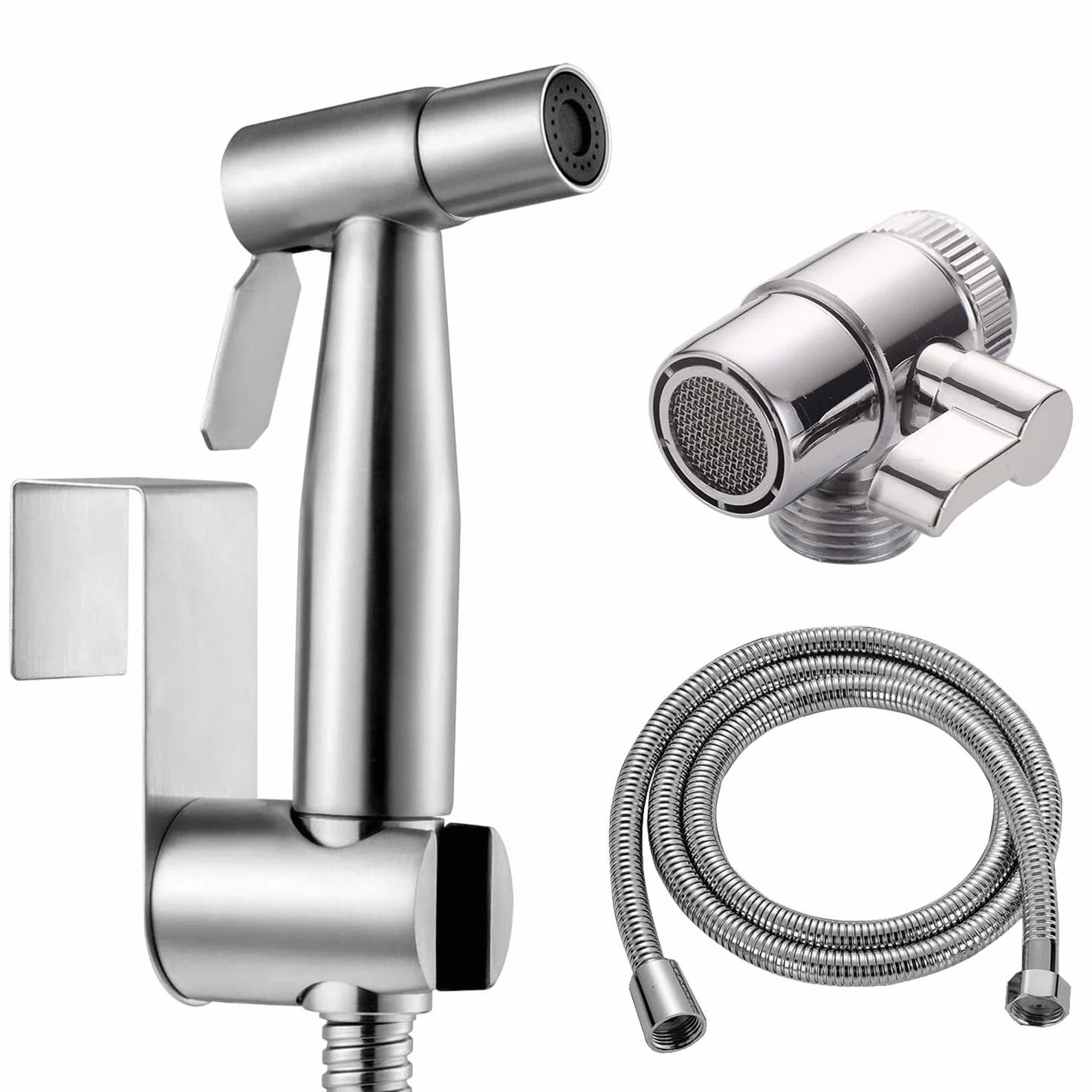 Bidet Portatile Kit Acciaio Inossidabile WC Doccia Deviatore 2 Vie Tubo 1,5m Supporto Doccetta