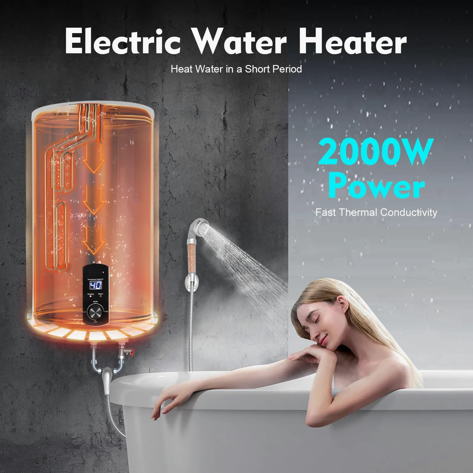 Caldaia elettrica da 2000 W, con schermo a LED orizzontale, 70 l, con protezione contro le perdite, scelta della temperatura, 41 x 75 cm, bianco