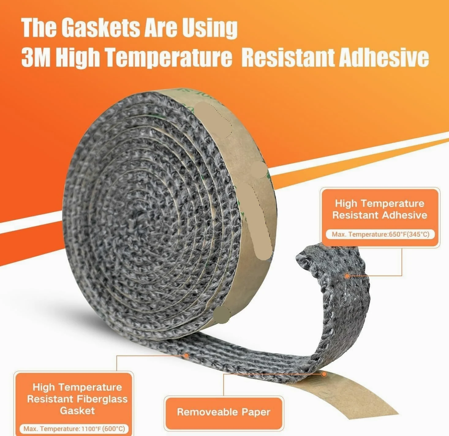 Nastro autoadesivo ad alta temperatura per guarnizioni piatte di stufe a legna e camini, 183 cm di lunghezza, in fibra di vetro resistente, colore grigio