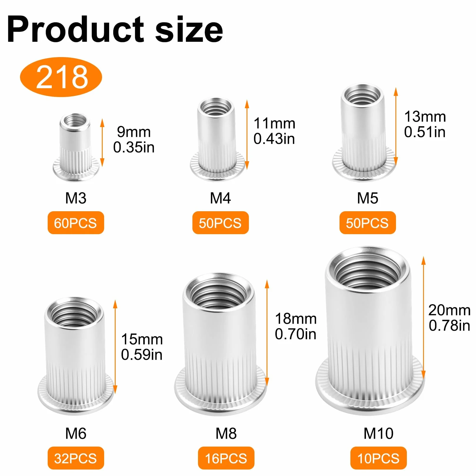 Zestaw 218 Pz Inserti Filettati Acciaio Inox M3 M4 M5 M6 M8 M10