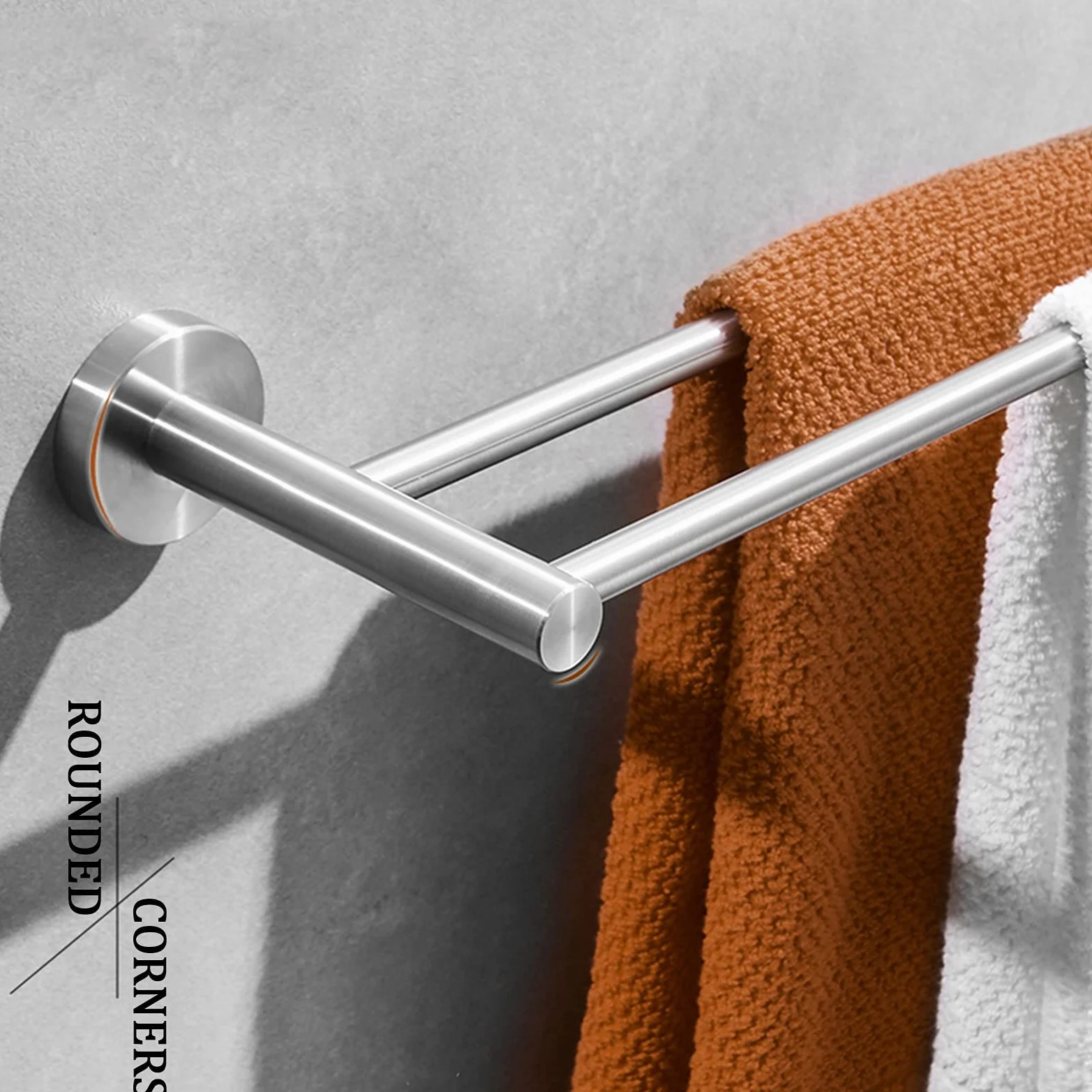 Doppio Portasciugamani da Bagno, Lungo, 40Cm-100Cm, Finitura Argento Spazzolato, Portasalviette Sustowel, Appendiabiti A Parete con Base Rotonda, Appendiabiti da Cucina/40Cm