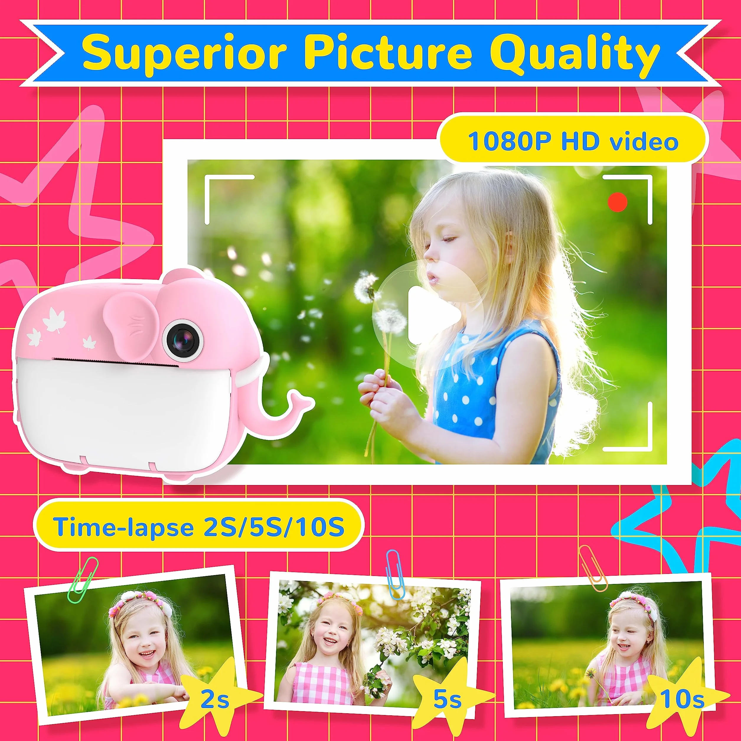 TIATUA Macchina Fotografica Bambini Istantanea, 20MP/1080P HD Videocamera, videocamera istantanea senza inchiostro con 32GB Scheda, Regalo per Bambini dai 3-12 Anni