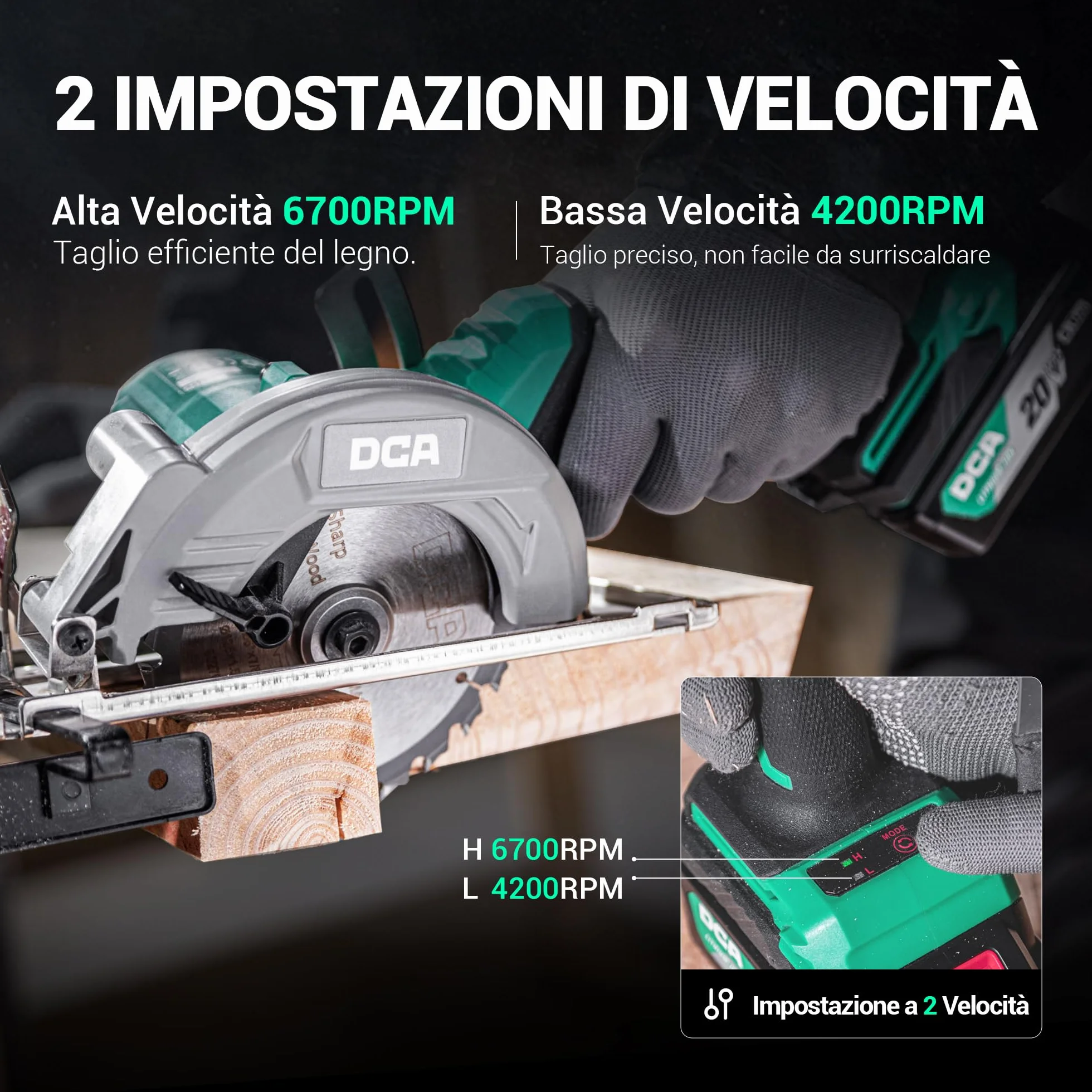 DCA Sega Circolare Mini Senza Spazzole, 2 Velocità 6700/4200 Rpm con 20V 4,0Ah Batteria, 3 Lame Ø125mm e Guida, Profondità Taglio 45mm(90°)/33mm(45°), Per Legno, Plastica, PVC