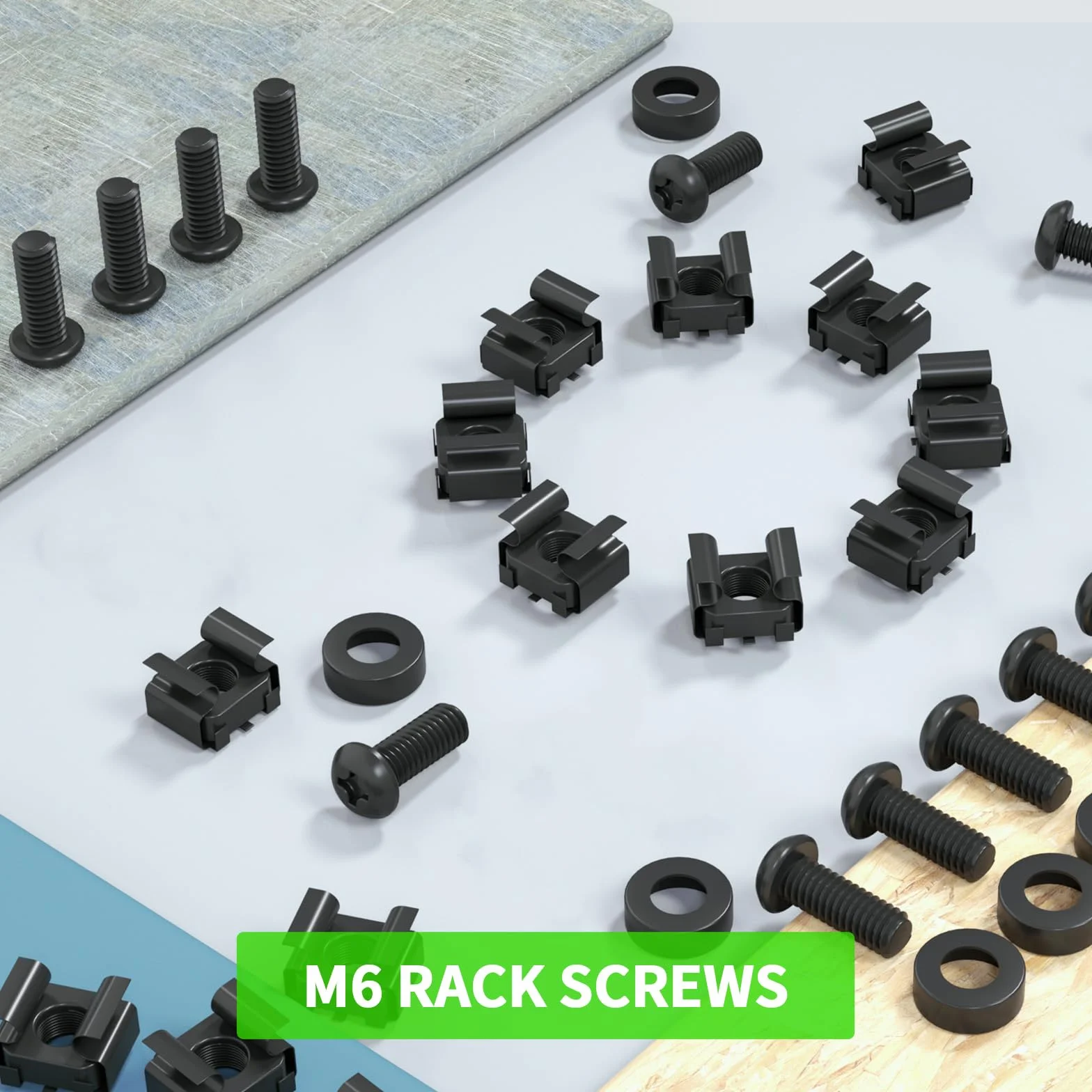 Dadi a Gabbia M6 x 16 mm, Viti e Rondelle per Armadi di Rete, 50 Pezzi, Fascette Autobloccanti Incluse