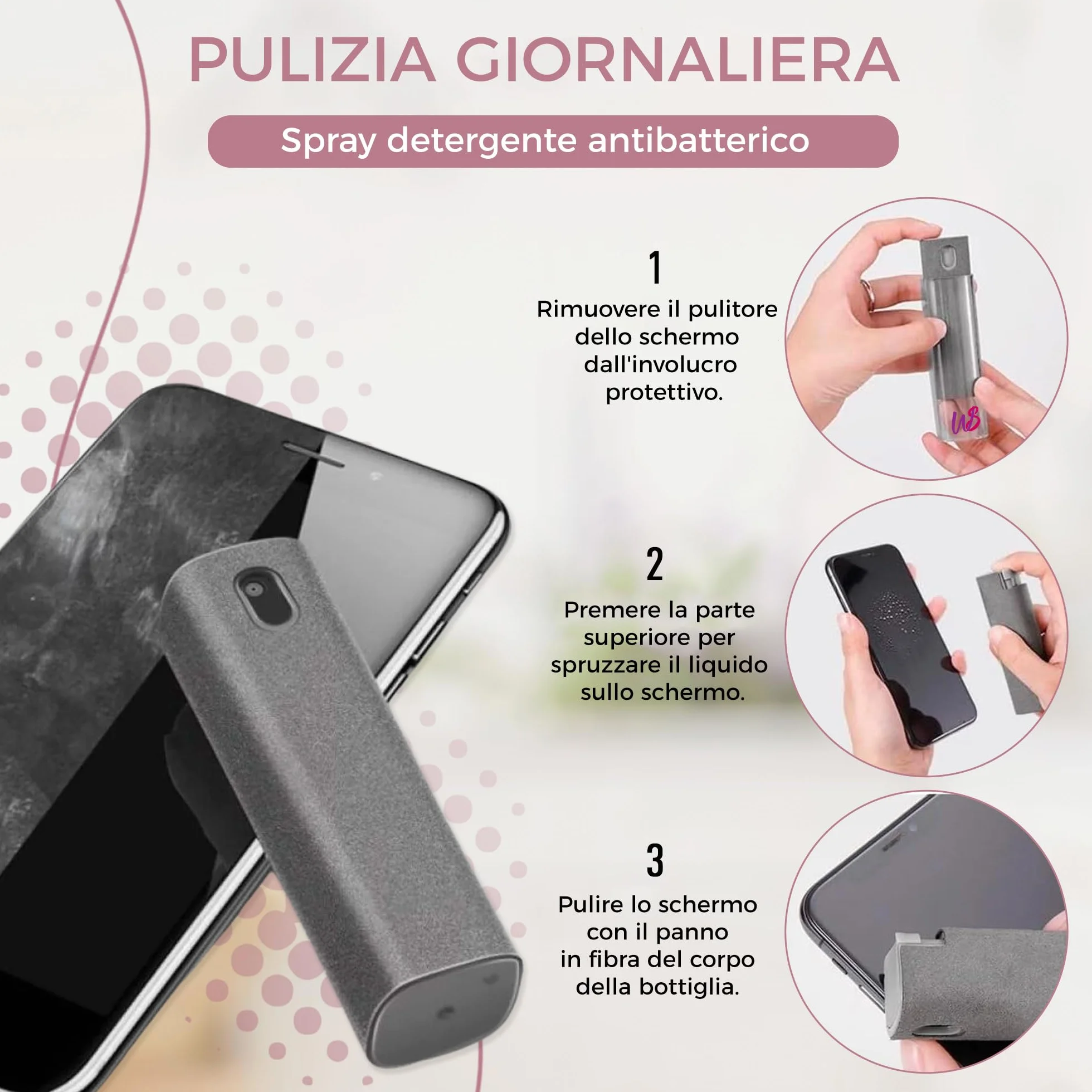 Confezione da 2 pulitori per schermo mobile/PC/TV/iPad/MacBook con panno in microfibra, 2 in 1 pulitore, spruzza e strofina, spruzza e pulisci il tuo schermo all'istante, ricaricabile.
