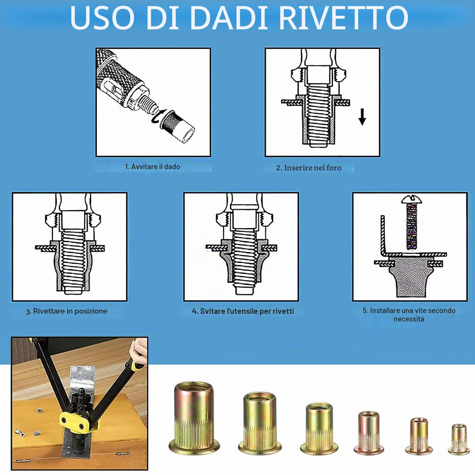 Inserti Filettati M3-M10, Rivetti Filettati in Acciaio al Carbonio, Testa Piatta Tonda, Nutsert Zincati, 300 Pezzi