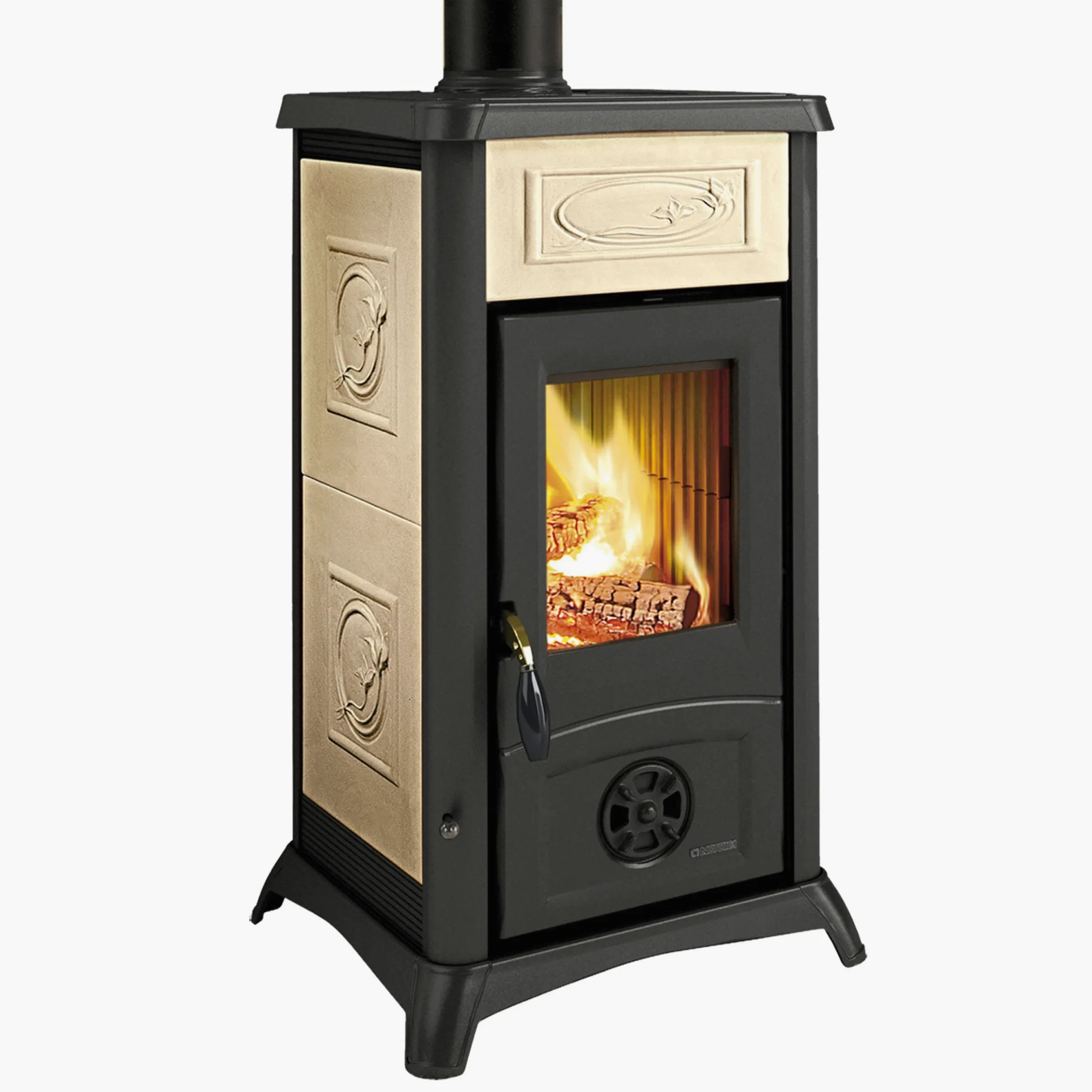 Stufa A Legna 'Gemma Liberty' Rivestimento Esterno In Maiolica. Porte, Testata E Focolare In Ghisa. Vetro Ceramico, Dimensioni Mm. 460X495Xh.840.. Potenza Nominale 6 Kw.