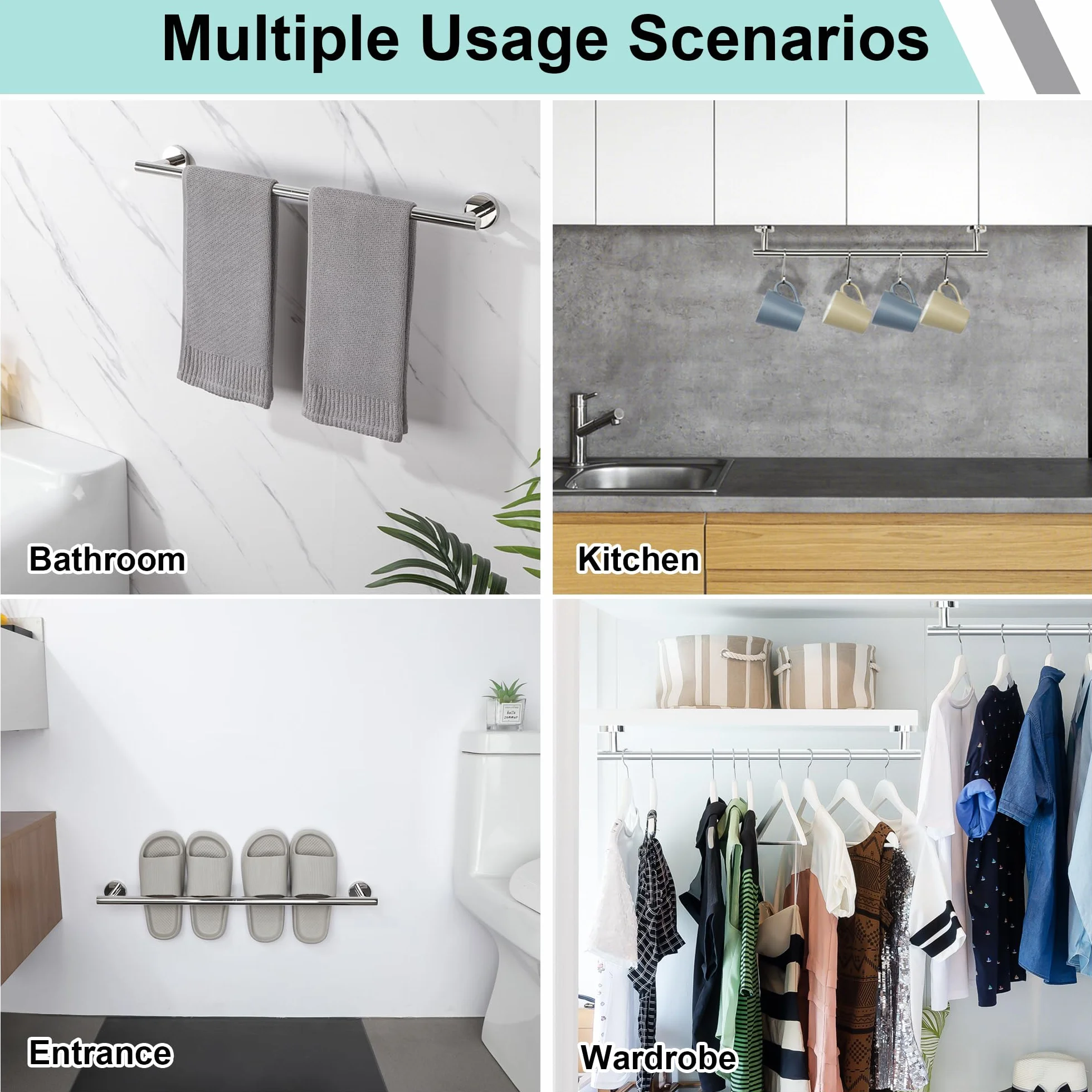 Portasciugamani Bagno 60 CM Cromo Lucido Acciaio Inossidabile SUS304