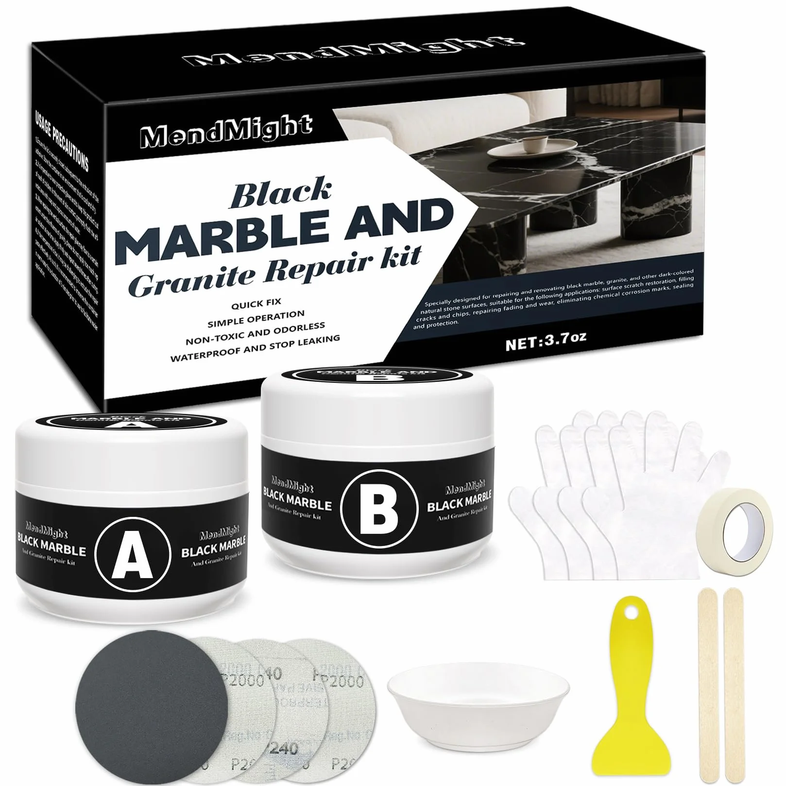 Kit Riparazione Piastrelle Nero, Colla per Ceramica, Stucco per Piastrelle, per Scheggiature, Crepe, Graffi su Granito, Marmo, Quarzo