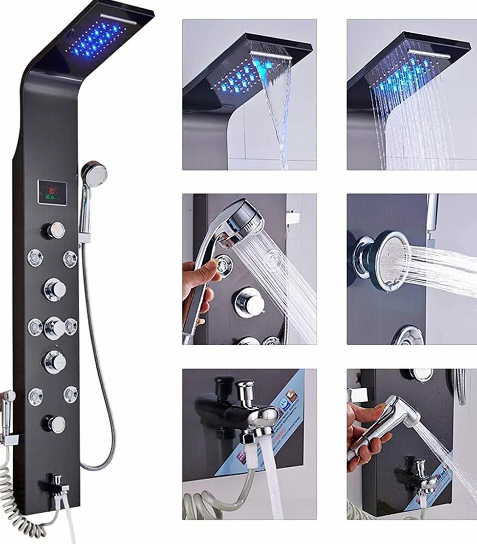 Pannello Doccia LED con Miscelatore a 6 funzioni, Display della Temperatura, Cascata, Massaggio del Corpo e beccuccio per Vasca da Bagno
