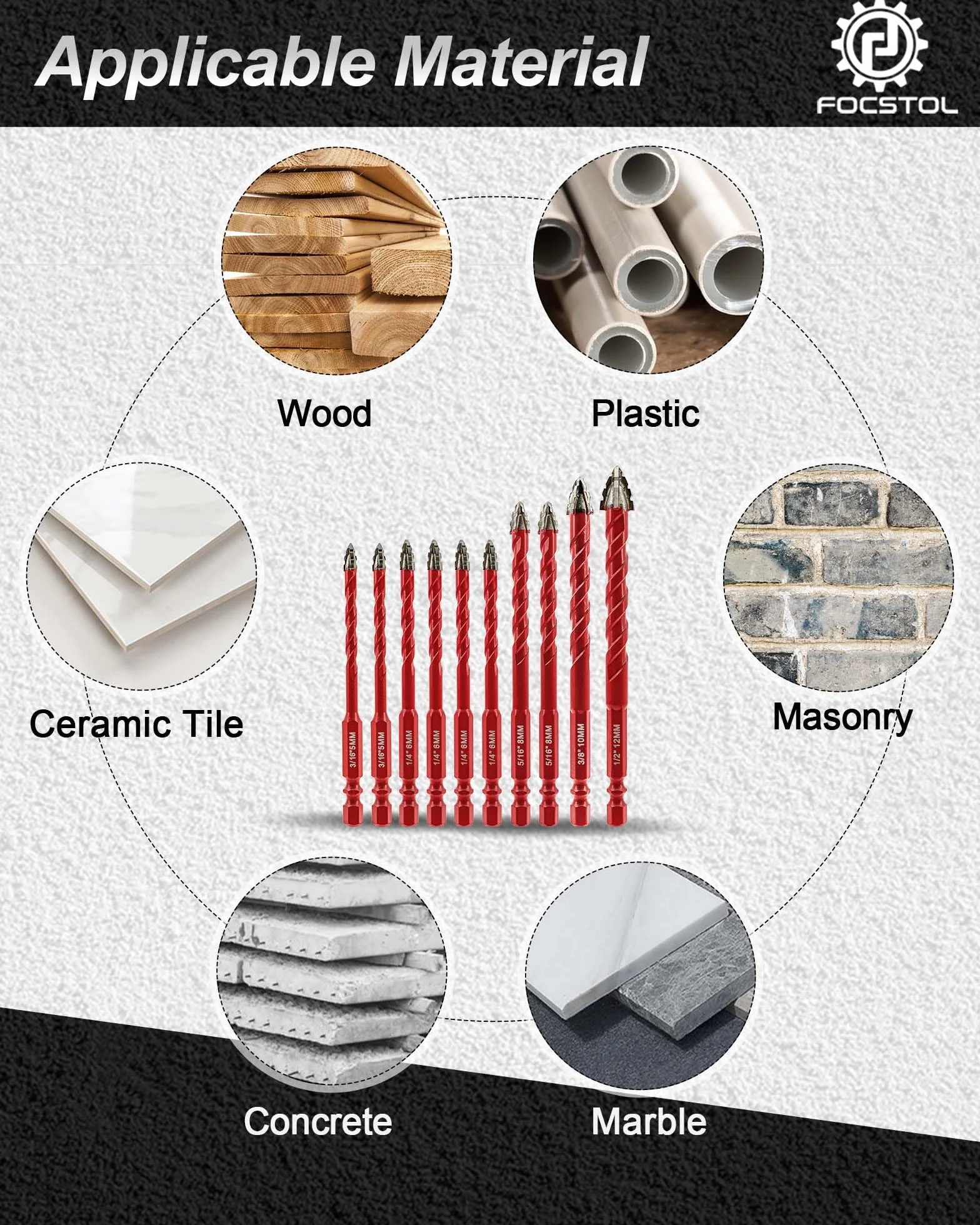 FOCSTOL Punte Trapano Eccentriche 5/6/8/10/12mm Set 10 Pezzi per Legno Plastica Muratura