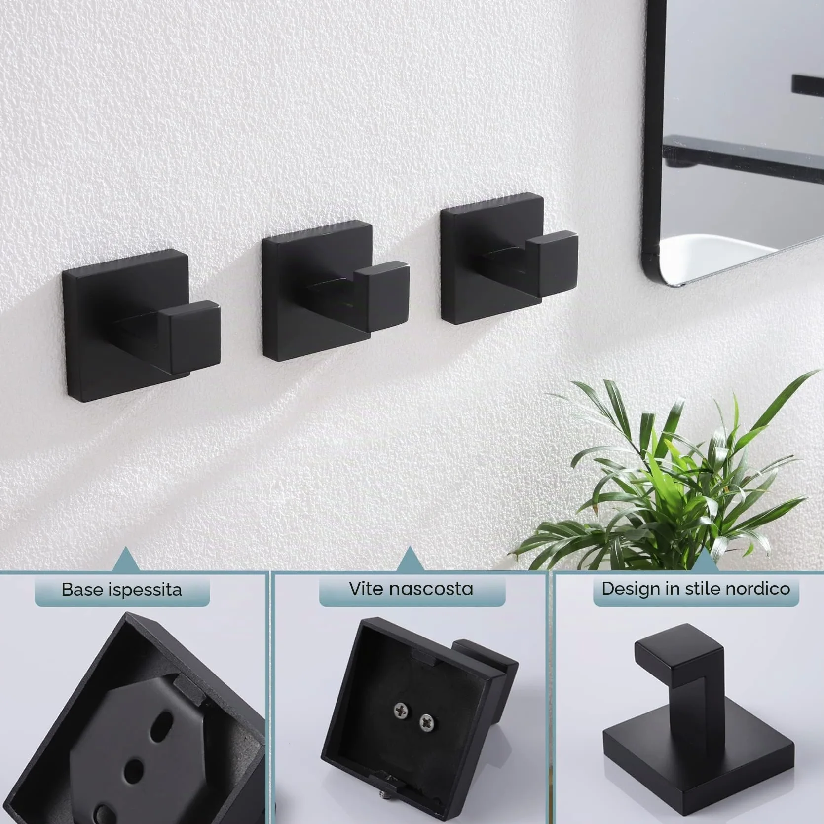 KOKOSIRI Gancio per asciugamano da bagno, da parete, quadrato, per accappatoio, bagno, cucina, garage, resistente, in acciaio inox SUS 304, confezione da 3 pezzi, nero opaco, B1010BK-P3