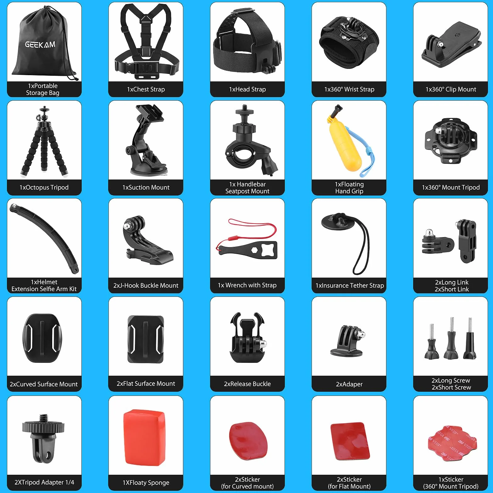 Kit Accessori Action Cam, compatibile con GoPro, AKASO, Campark, Crosstour, APEMAN, COOAU, Apexcam, WOLFANG, Surfola, SJCAM
