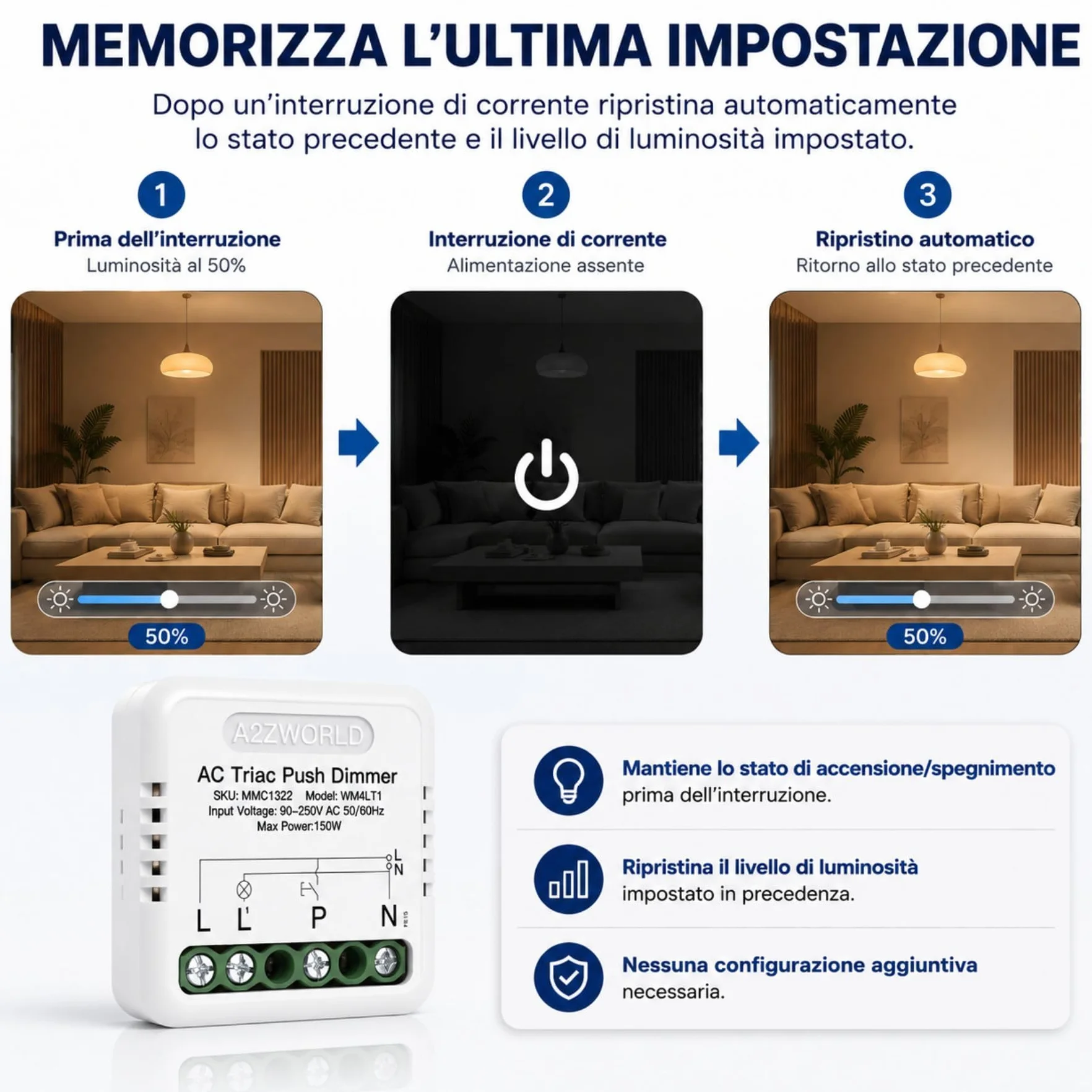 10 PCS Dimmer Triac a Pulsante 220V 150W, Comando Fase o Neutro, Regolabile 10-100%, Sincronizzabile, Memoria, Da Incasso e Barra DIN, Per Led Dimmerabile,40x40x18mm