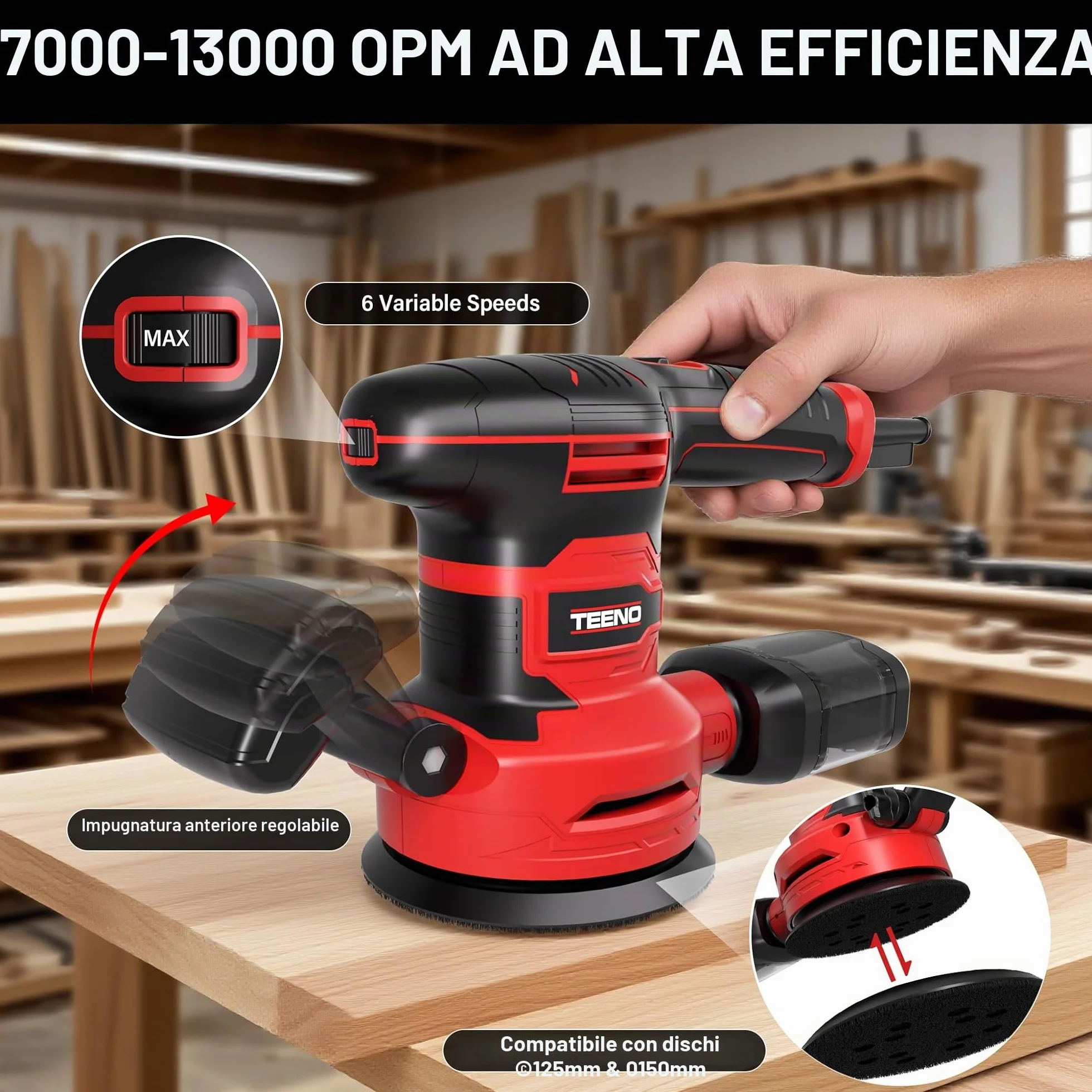 TEENO Levigatrice Orbitale 450W con 6 Velocità, Ø125/150mm, 13000 RPM,20 Dischi Abrasivi, Contenitore Polvere, Cavo 2 m – Con Occhiali e Guanti – Per Legno, Metallo, Plastica