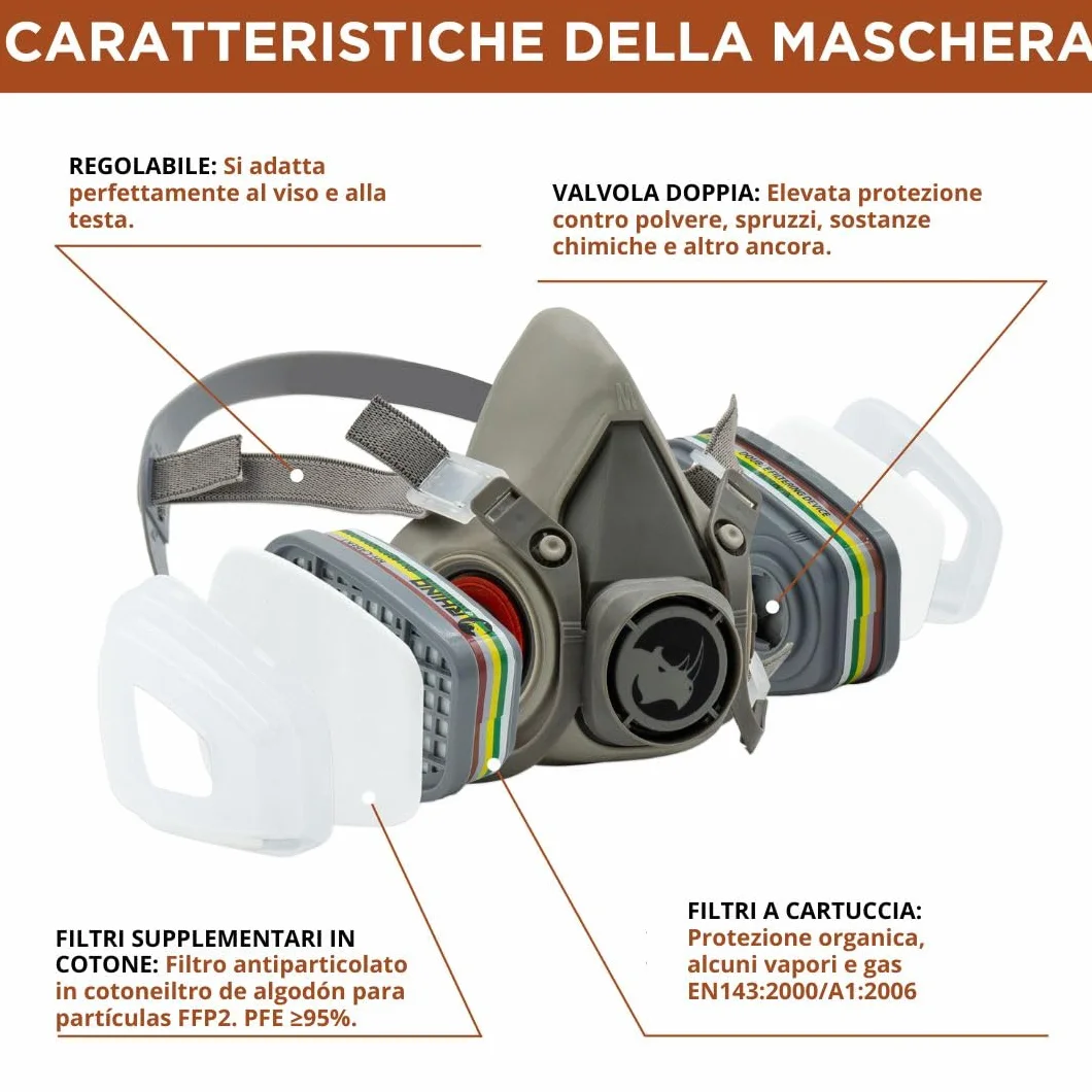 RHINO Smart Solutions Maschera antipolvere antigas riutilizzabile con filtri antiparticolato
