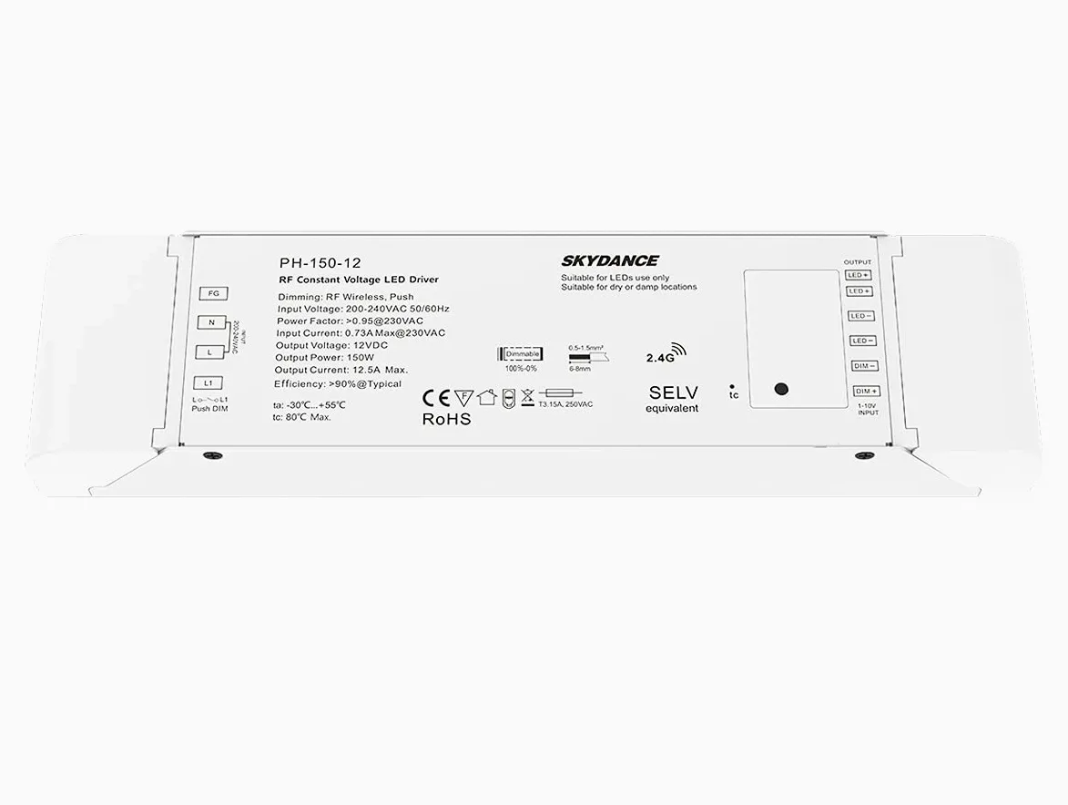 Trasformatore Alimentatore Dimmerabile 12V 150W con Pulsante N.O. Push Dimmer – Compatibile con Telecomando RF 2.4G (non incluso), Per Striscia LED 150V, Skydance PB-150-12