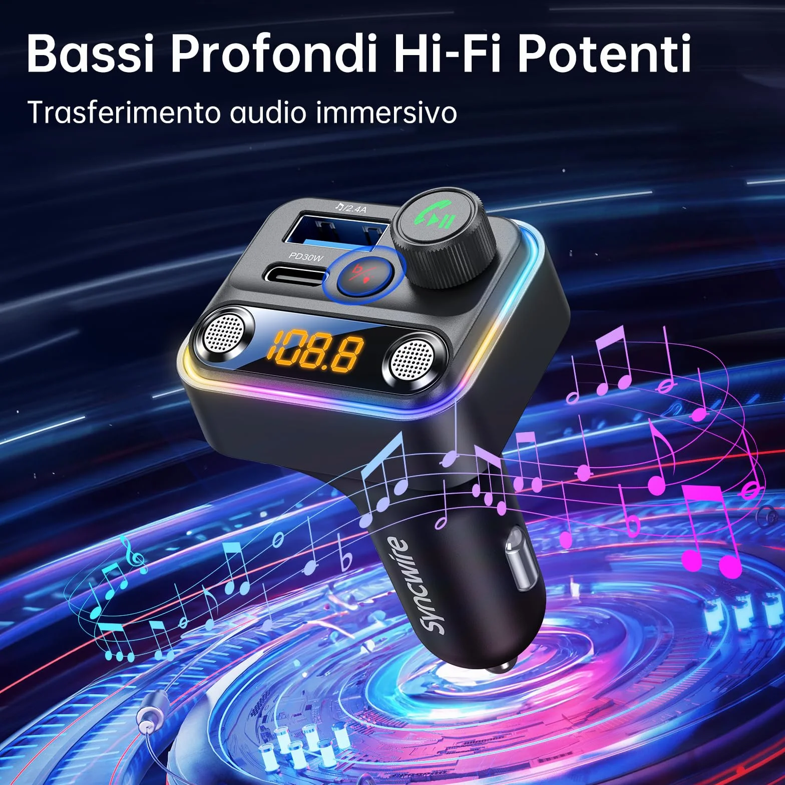 Syncwire Trasmettitore FM Bluetooth 5.4 Auto 42W [Interruttore Luminoso] [Microfoni Doppi Potenziati & Bassi HiFi] [Ricarica Veloce] Adattatore Musicale Wireless per FM Radio, Chiamata Mani Libere