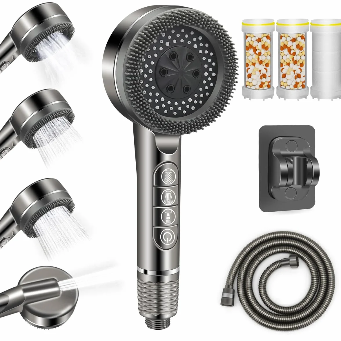 REETEE Soffione Doccia ad Alta Pressione, Doccino per Doccia con Filtro, 5 Modalità Spray Soffione Doccia Anticalcare, Shower Head con 1.5 M Tubo (grigio)