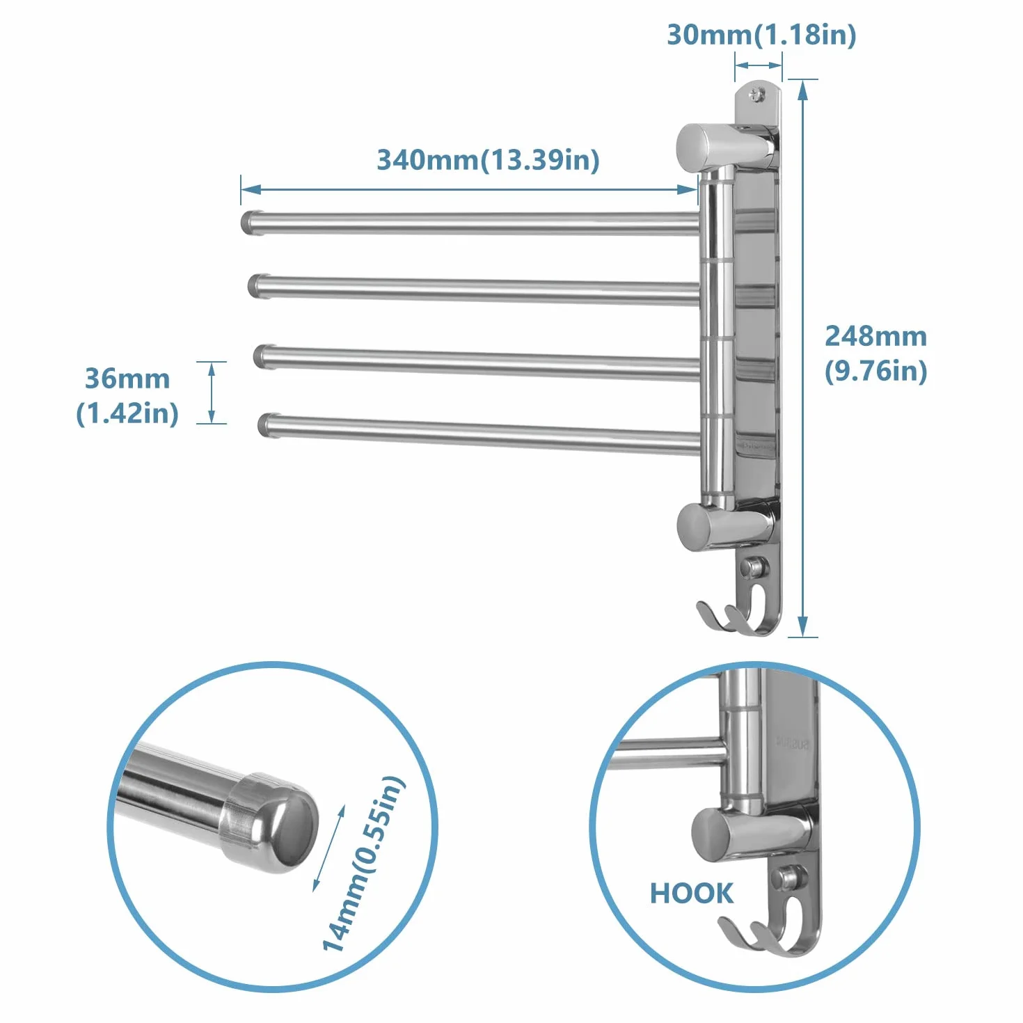 Porta Asciugamani 34CM a 4 Bracci Rotanti Acciaio Inossidabile da Muro per Bagno e Cucina