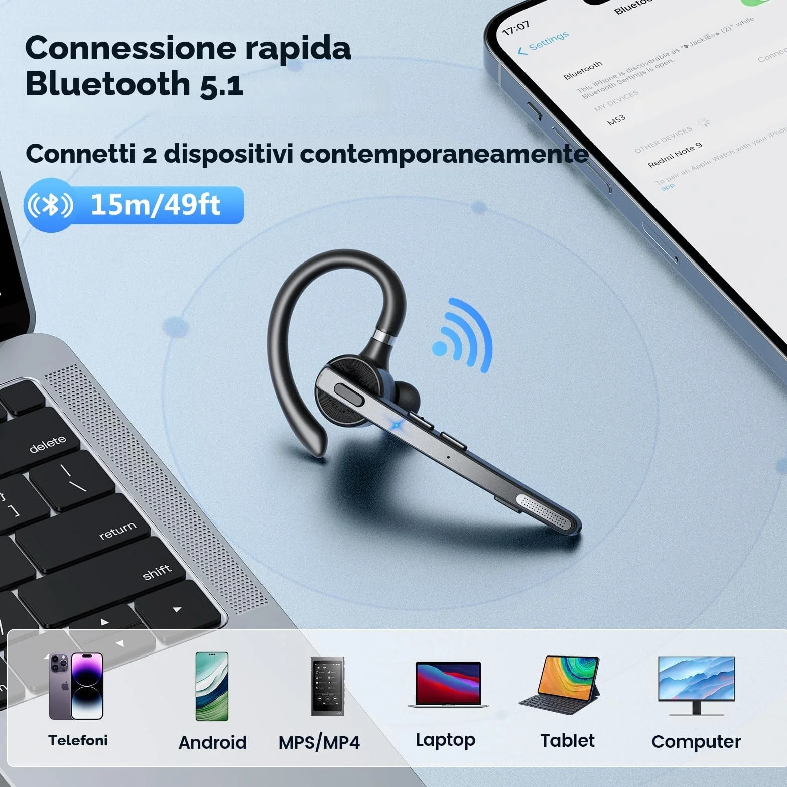 New Bee V5.1 Auricolare Bluetooth Singolo 72Hs Tempo di Gioco Auricolari Mono Bluetooth con Doppio Microfono CVC8.0 per Lavoro Ufficio (1 pezzo)