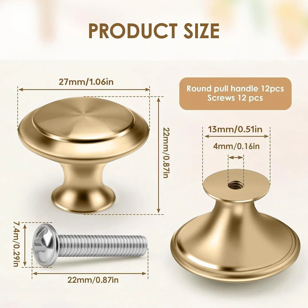 Pomelli per Mobili Oro 27mm Rotondo con Viti 12 Pezzi Maniglie Metallo per Cassetti Armadi
