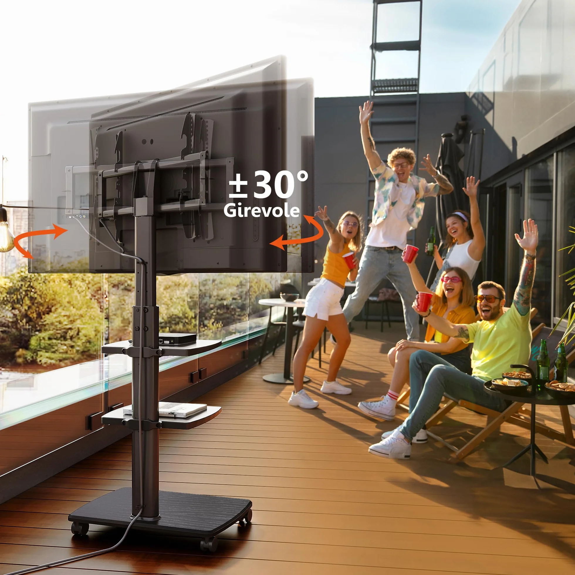FITUEYES Supporto TV Da Pavimento Mobile Con 3 Ripiani Per TV 32–70 Pollici Fino A 40 Kg, Altezza Regolabile E Girevole, VESA Massimo 600×400, Ideale Per Appartamenti E Uffici