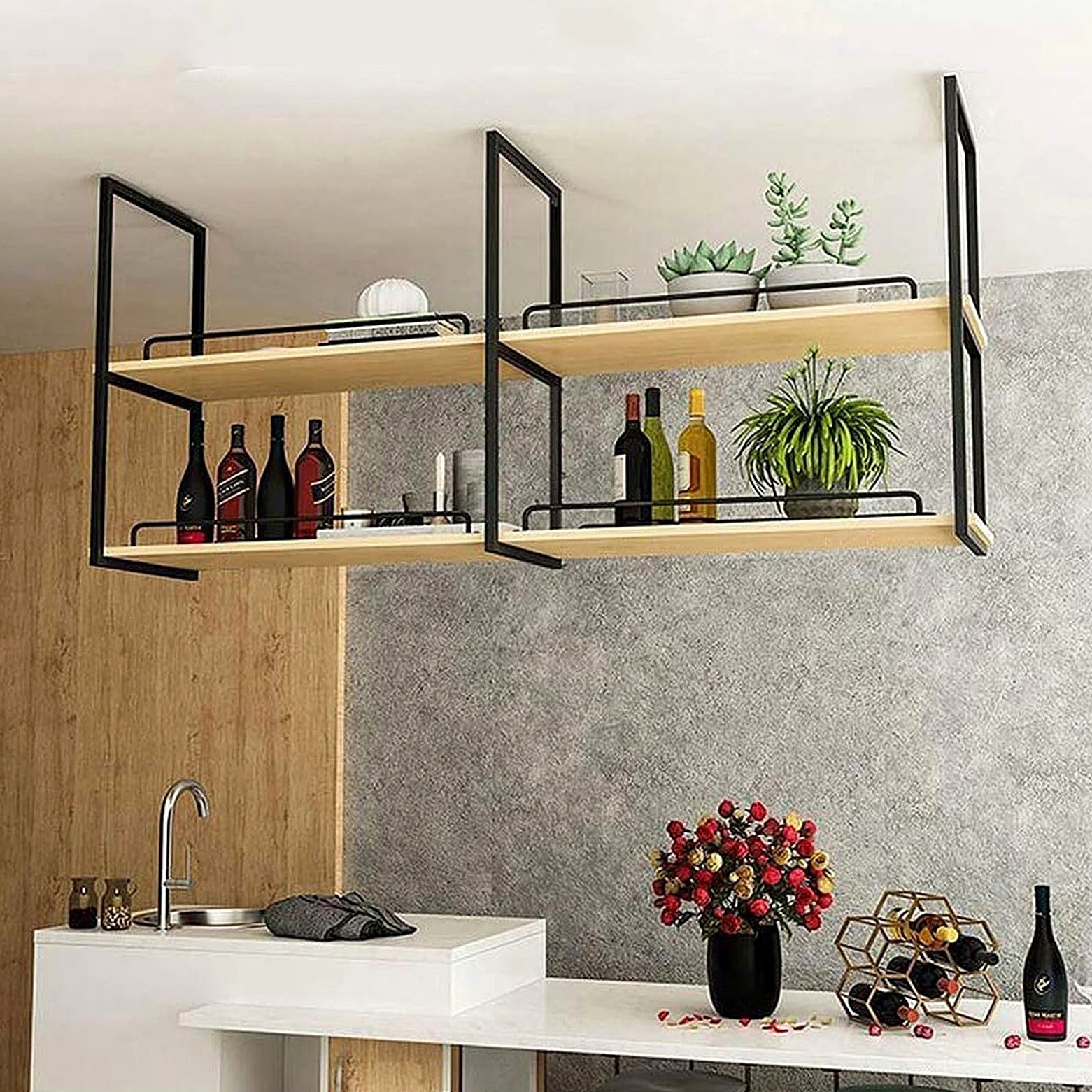 Mensole da appendere in ferro da parete, elegante espositore da soffitto per cucina, bar e piante, facile da installare, portaoggetti decorativo con guardrail - Supporto artistico salvaspazio
