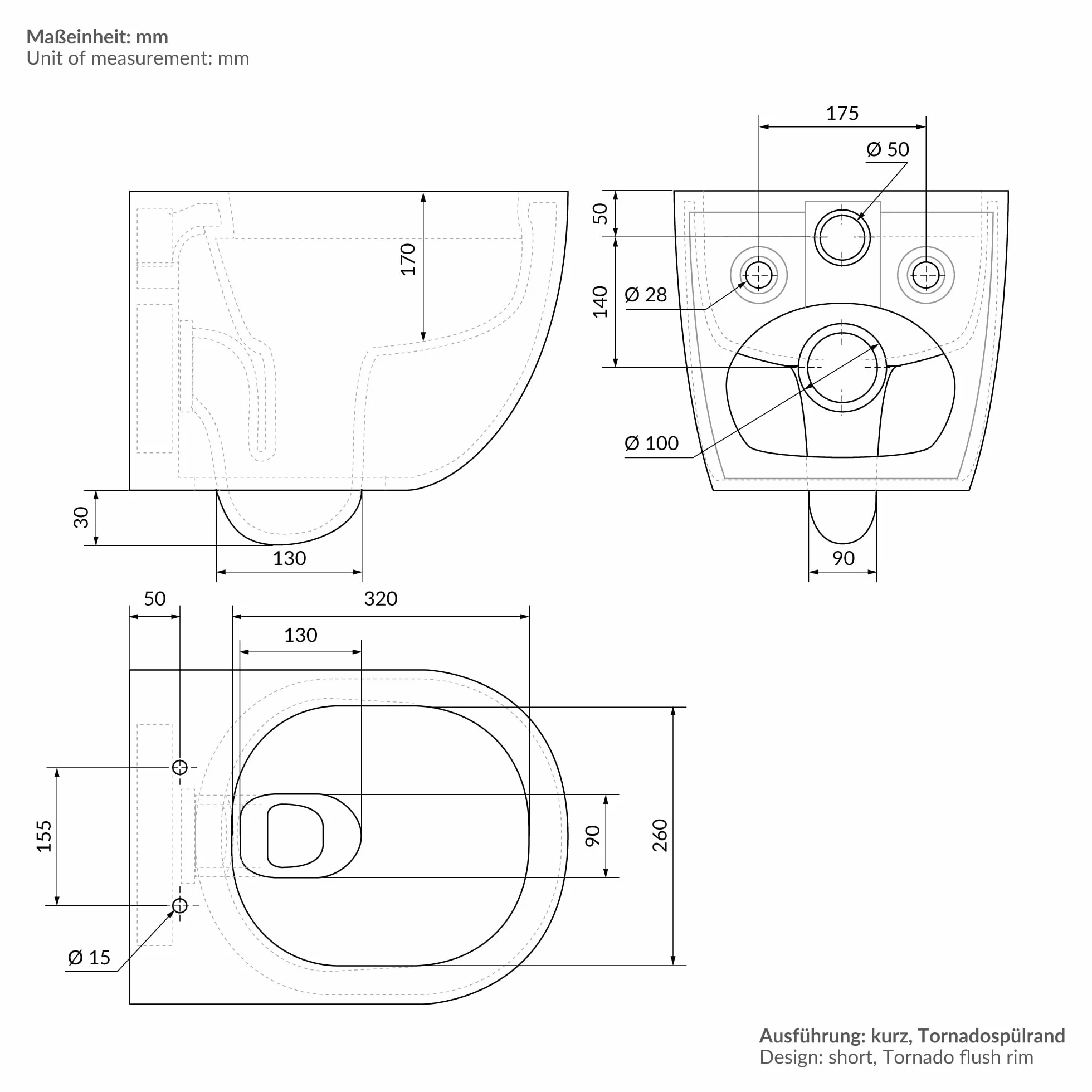 LuxeBath WC Sospeso Senza Bordo Vaso in Ceramica Bianco Corto 49 cm Risciacquo Scarico Tornado con Sedile Softclose