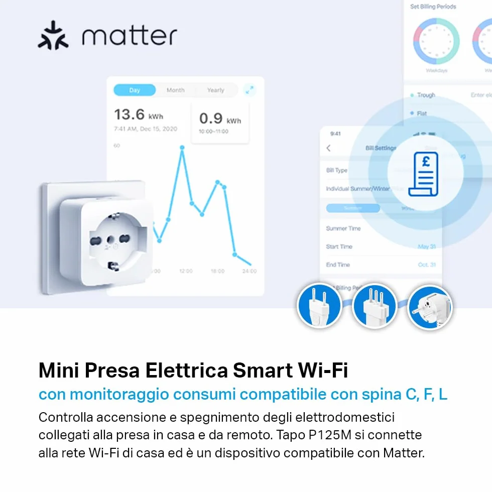 Tapo P125M Matter Presa Smart Italiana, Monitoraggio Energia, WiFi Intelligente Smart Plug, Compatibile con Alexa e Google Home, Controllo Vocale e Remoto, Tempo di Preselezione