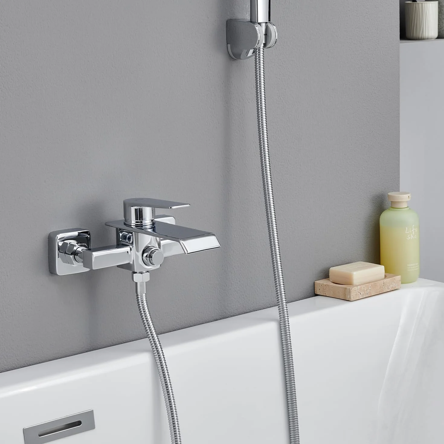 Miscelatore Vasca da Bagno a Cascata in Ottone, Rubinetto Doccia a Parete, Cromo Argento G 1/2"