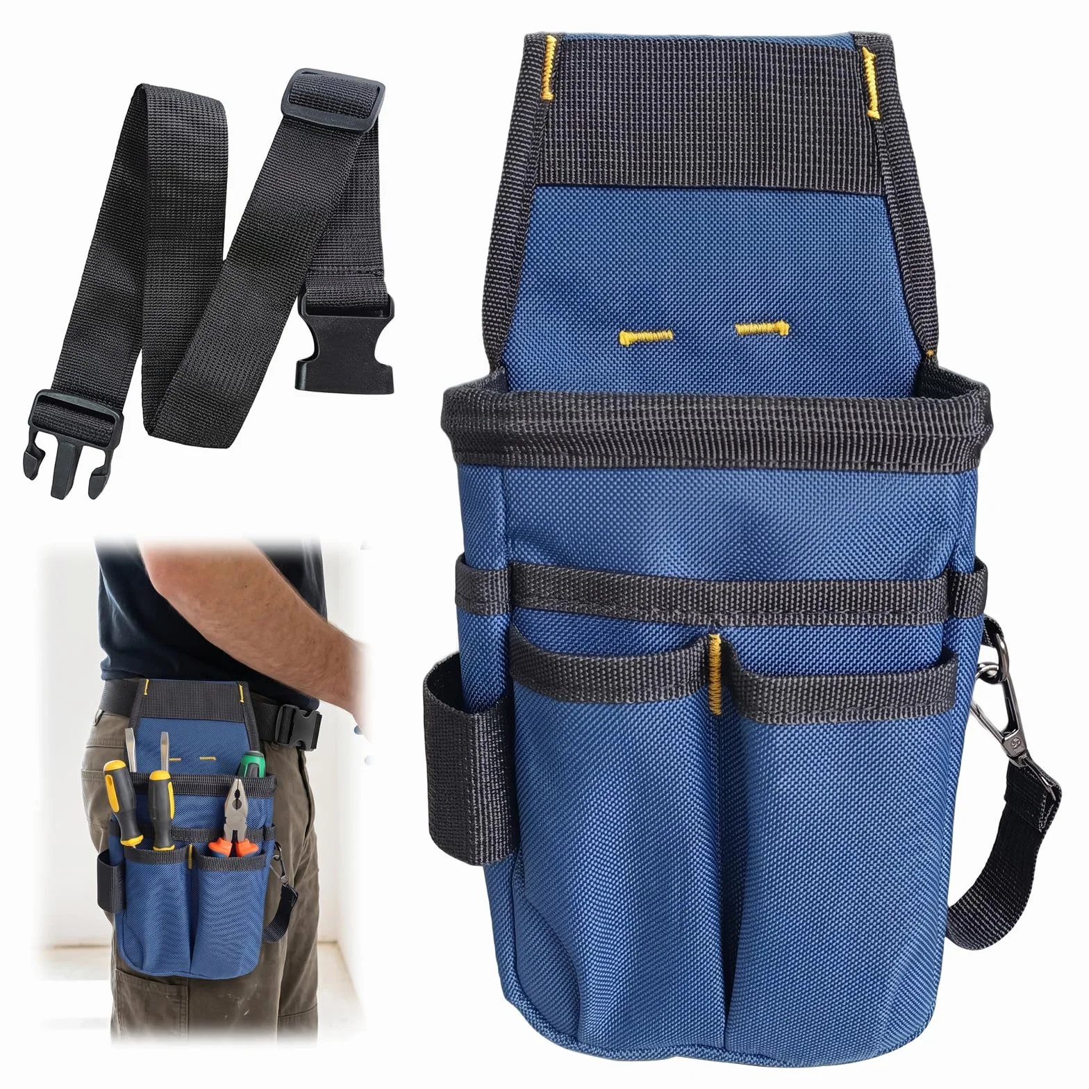 Cintura Porta Attrezzi Marsupio Elettricista Regolabile 14 Tasche Tessuto Oxford 600D Blu