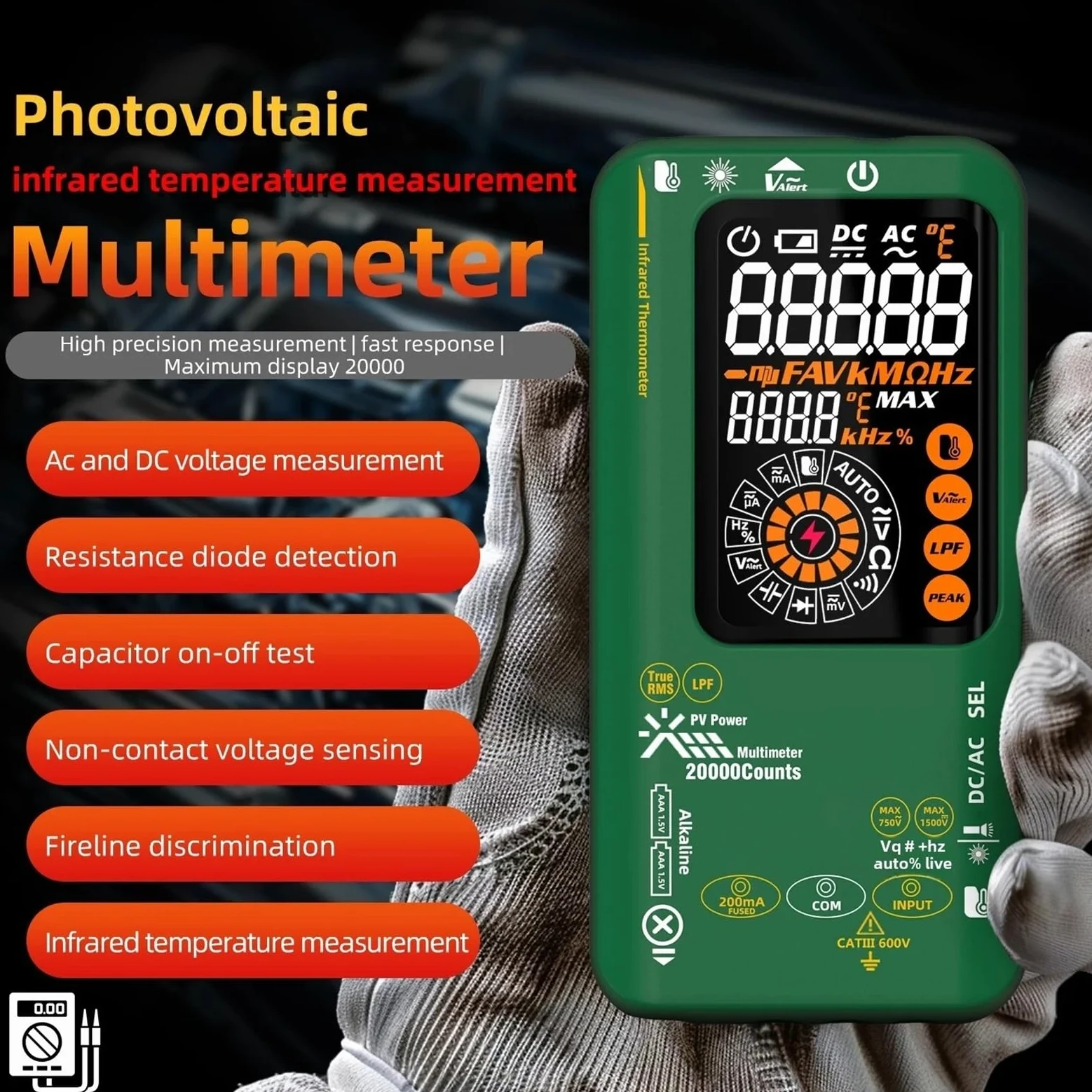Multimetro, Multimetro digitale intelligente fotovoltaico con display da 20.000 parole, misurazione della temperatura a infrarossi, tensione e corrente continua a 1.500 V.