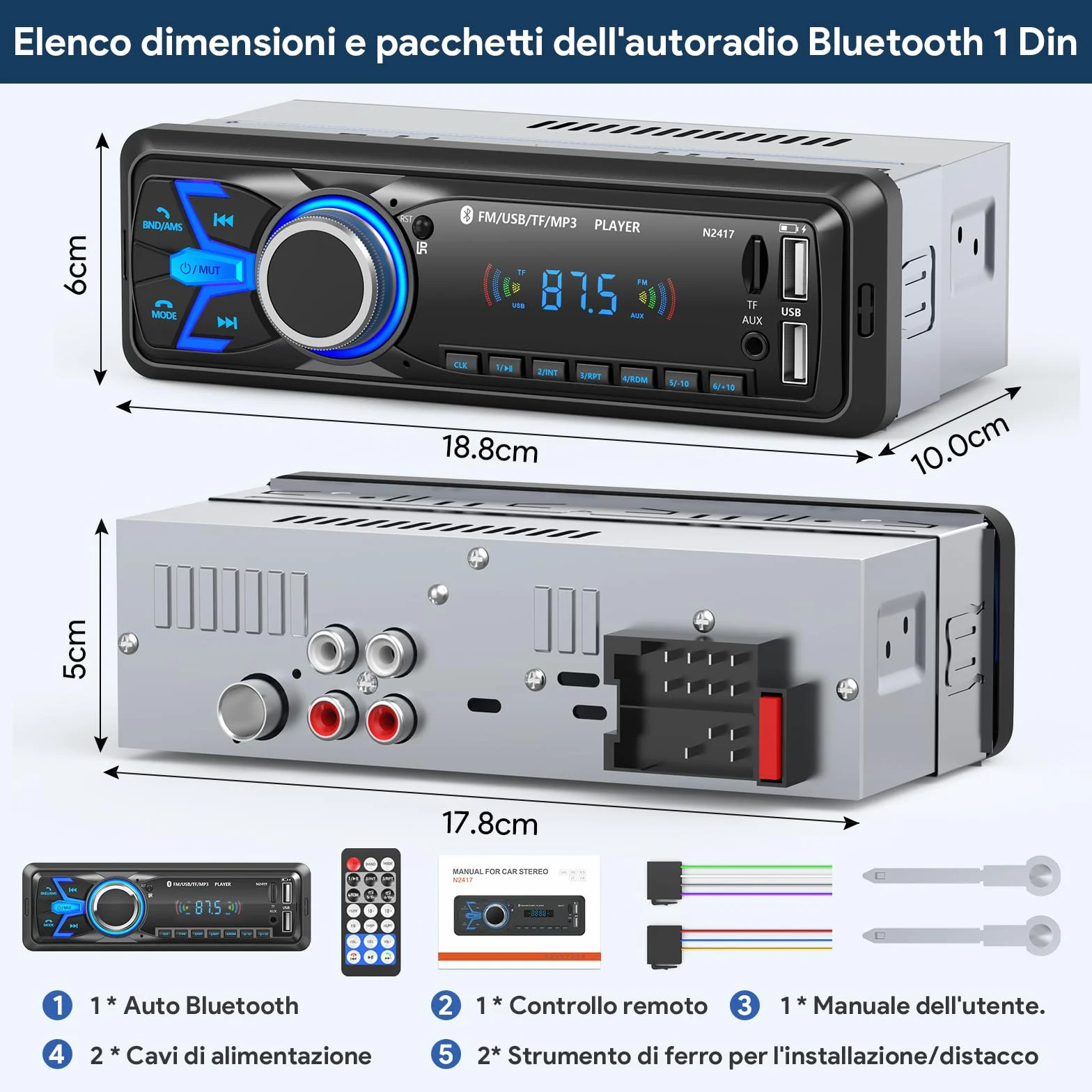 Autoradio Bluetooth,Wistrue Stereo Auto Bluetooth Autoradio 1 DIN FM Radio Auto Lettore MP3 Supporta 2 USB/Ricarica rapida/SD/AUX/Telecomando/supporto iOS/Android