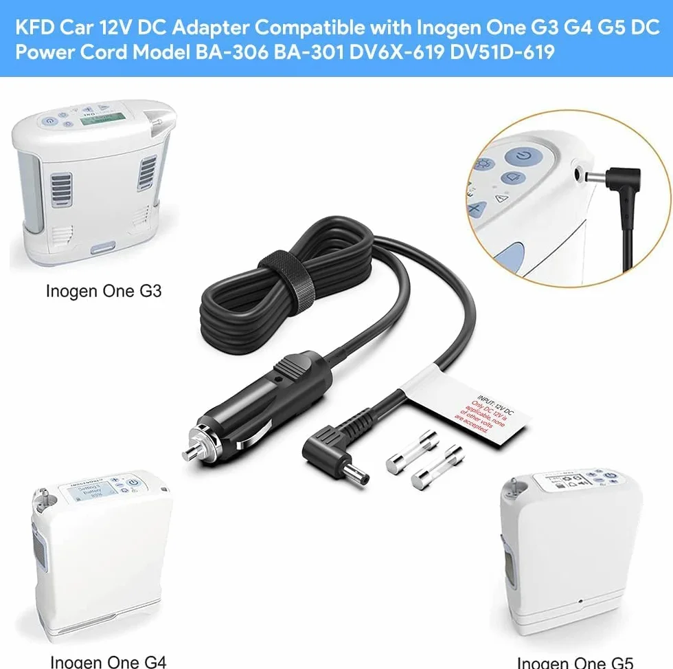 KFD Caricabatteria da auto 12 V DC adattatore compatibile con Inogen One G2 G3 G4 G5 cavo di alimentazione DC modello BA-306 BA-301 BA-302 BA-303 12 V auto veicolo barca camper camper accendisigari