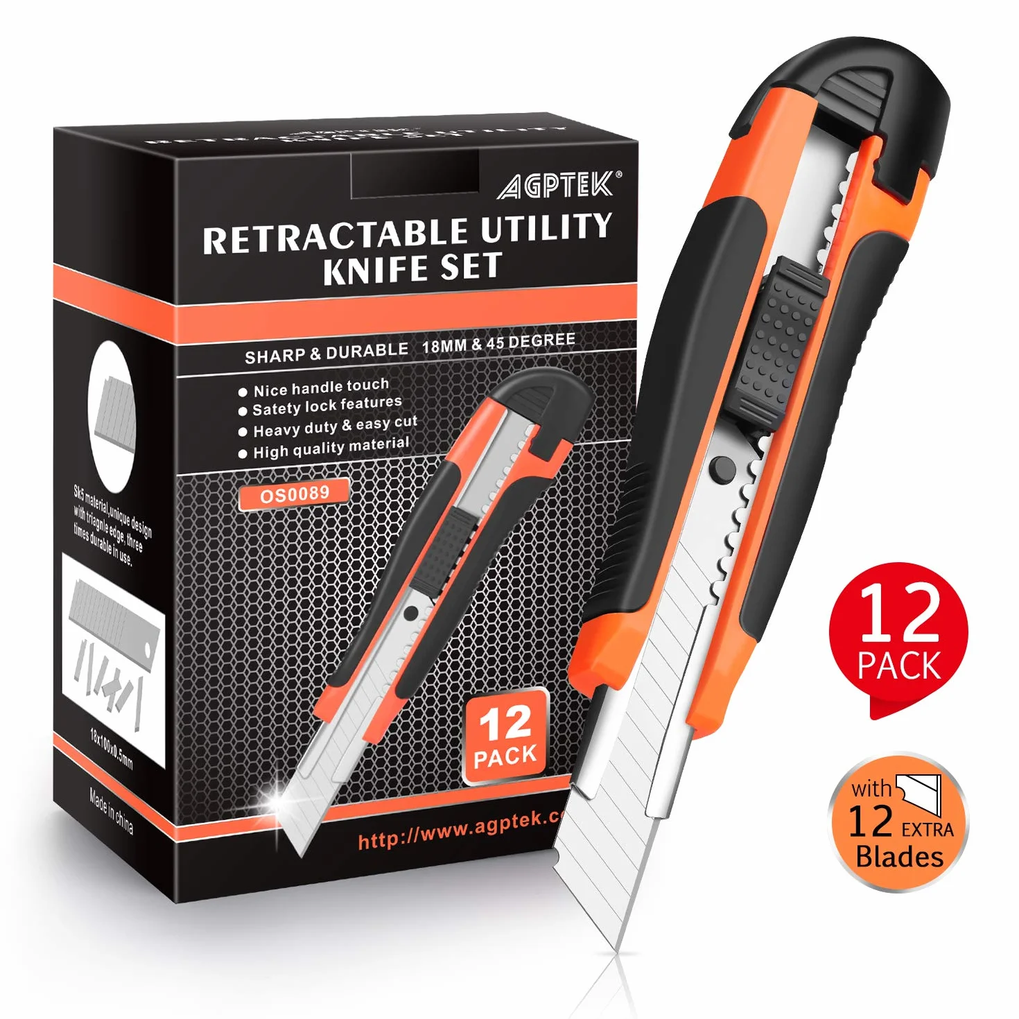 AGPtEK Scatola Cutter 12 Taglierini con Lama Retrattili 18mm 12 Lame di Ricambio