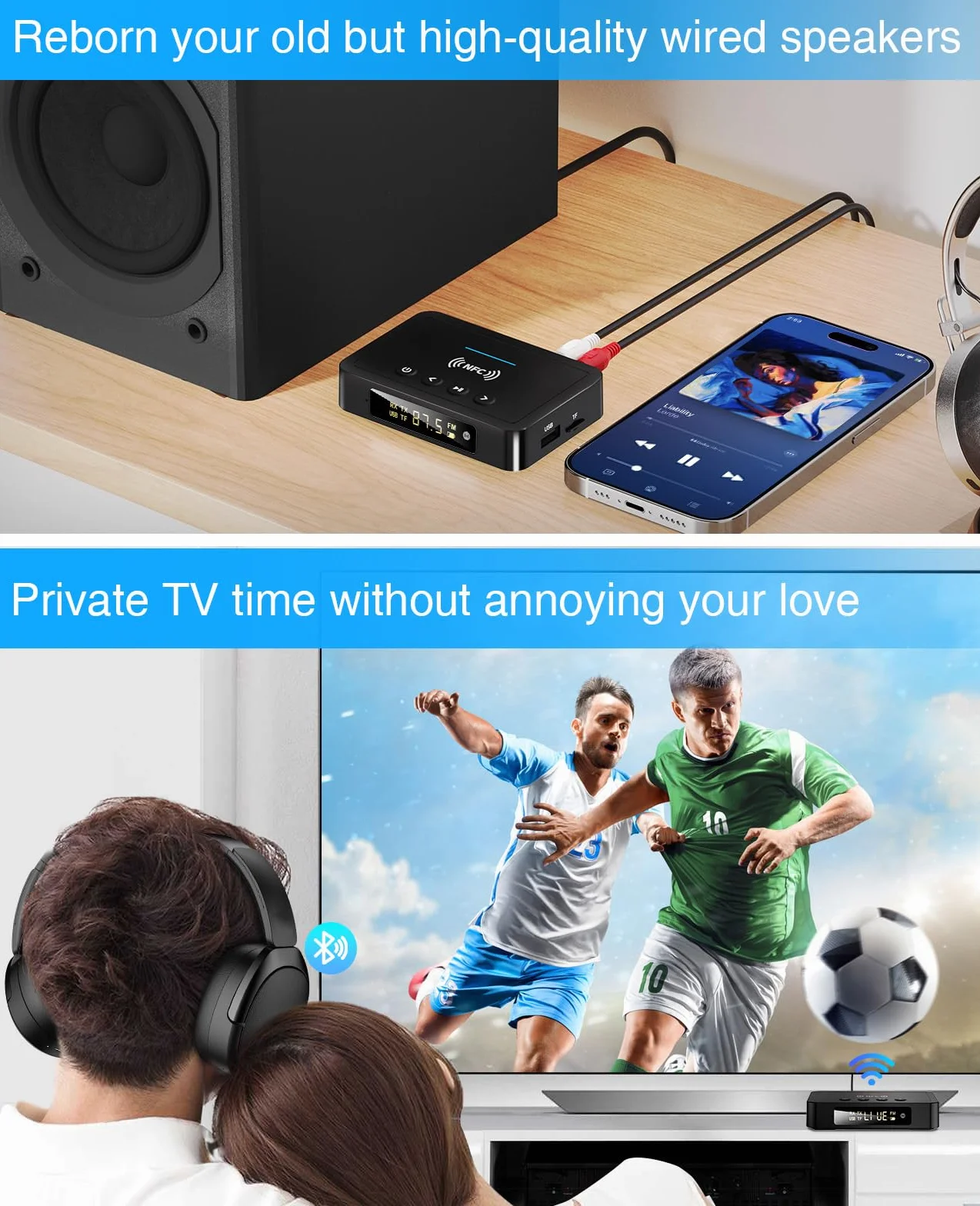 Trasmettitore Bluetooth, Adattatore Ricevitore Trasmettitore Bluetooth 5.0 3 in 1, Trasmettitore FM con Cavo RCA/AUX, Adattatore Audio Wireless per Sistema Stereo/TV/PC/Cuffie/Altoparlanti