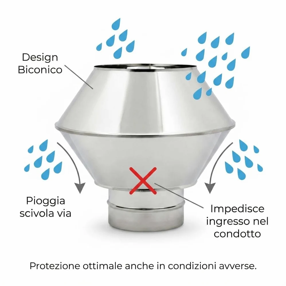 MAKA Comignolo Antivento Biconico Tondo in Acciaio Inox, Terminale per Canna Fumaria Camino Stufa a Legna Pellet e Gas, Cappello Antipioggia Aspirafumo (Ø 180 mm)