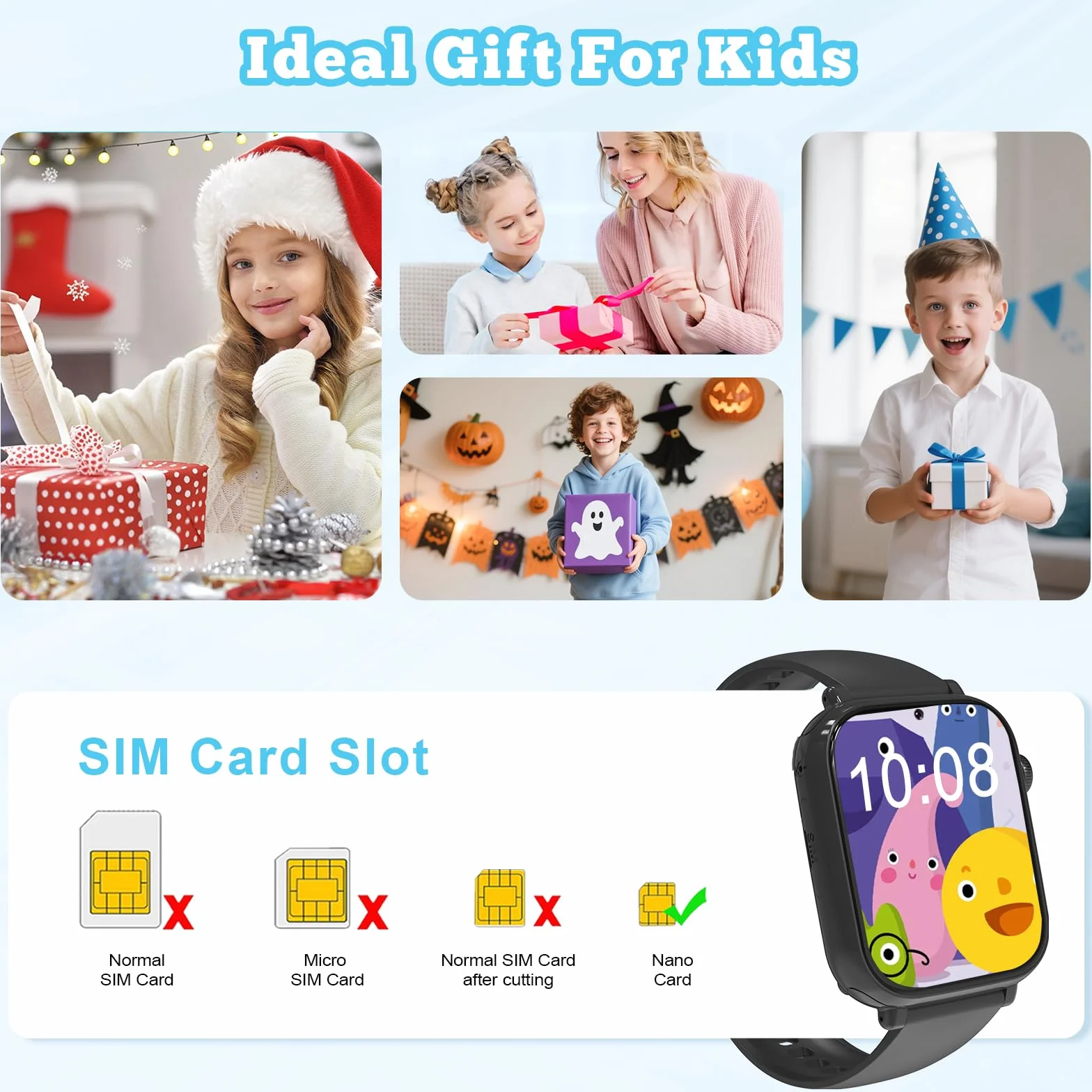 Smartwatch Bambini GPS 4G, Orologio Intelligente per Ragazza e Ragazzo con Telefono, Videochiamata, Chat, Sveglia, Camera, Modalità Classe, Gioco, Smart Watch Bambino Bambina 4-12 Anni Regalo, Nero