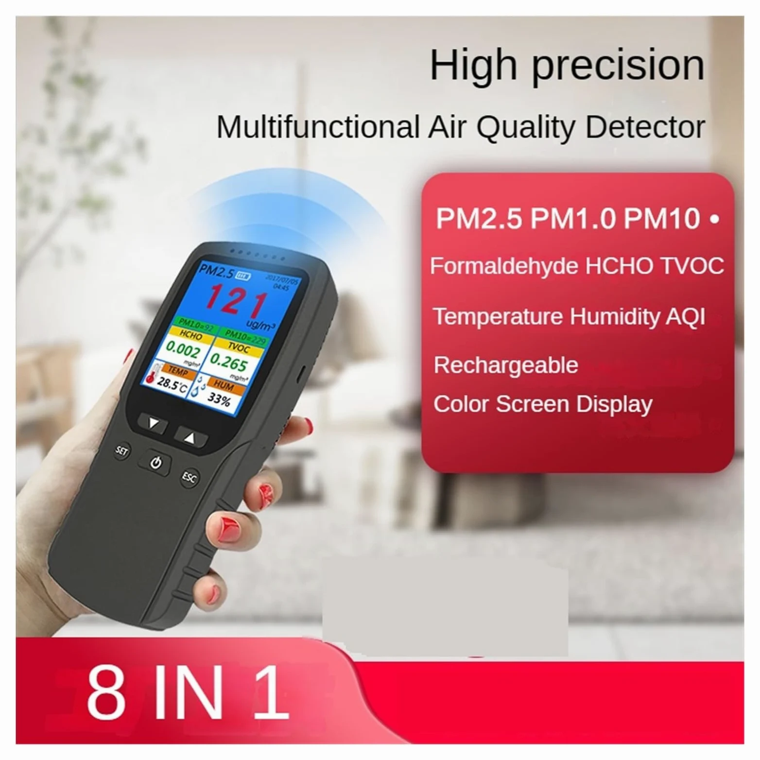 8 in 1 Monitor di qualità 'aria Rilevatore formaldeide Misurazione professionale Formaldeide PM2.5/TVOC/HCHO Temperatura e umidità Per cucina e camper