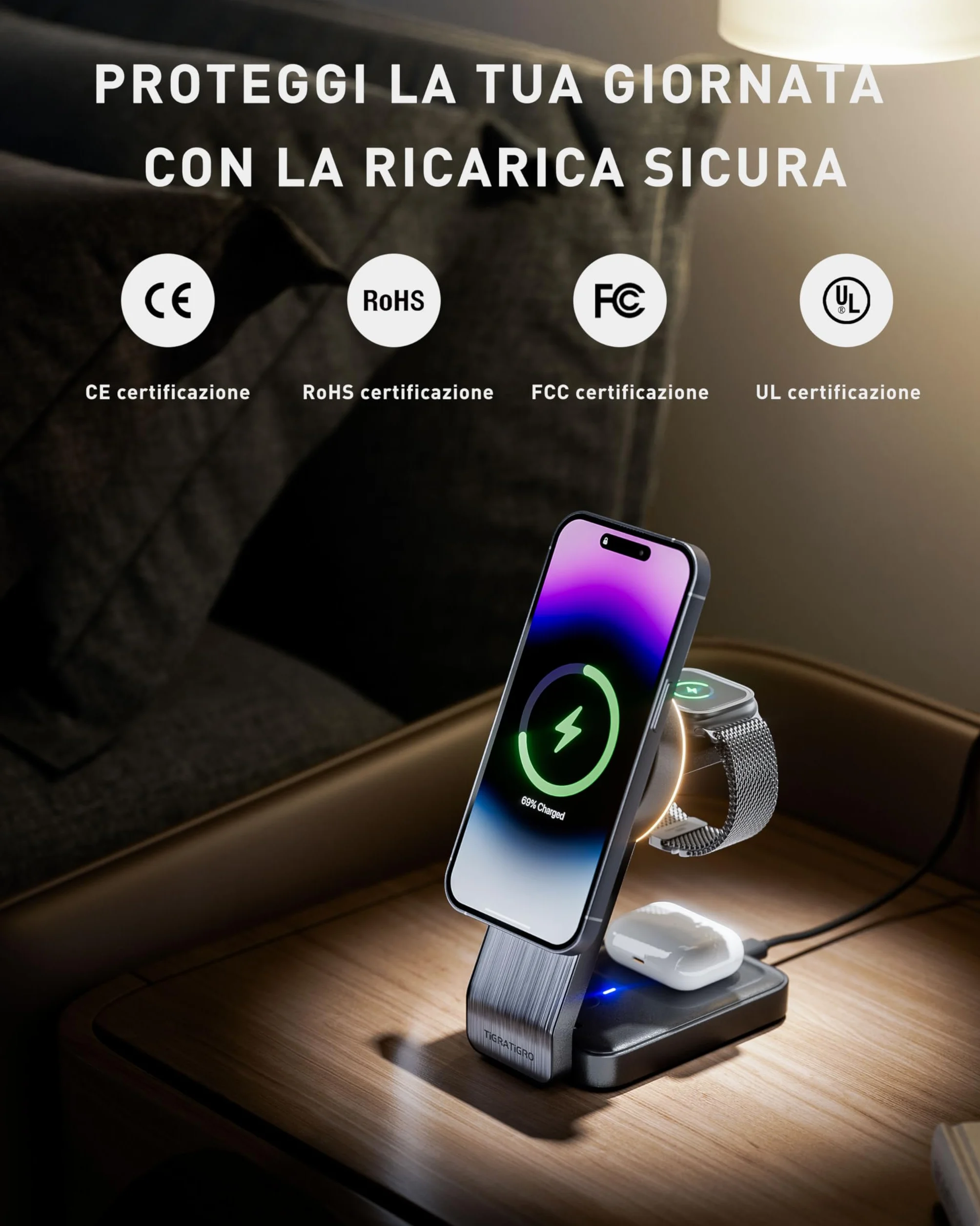 Tigratigro Caricatore Wireless per iPhone con Mag-Safe, 3 in 1 Ricarica Rapida Stazione Magnetica Pieghevole portatile Charger per iPhone 12/13/14/15/16, AirPods 2/3/4/Pro, Watch - Nero