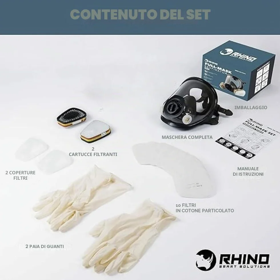 RHINO Maschera antigas integrale riutilizzabile per vapori organici e gas acidi