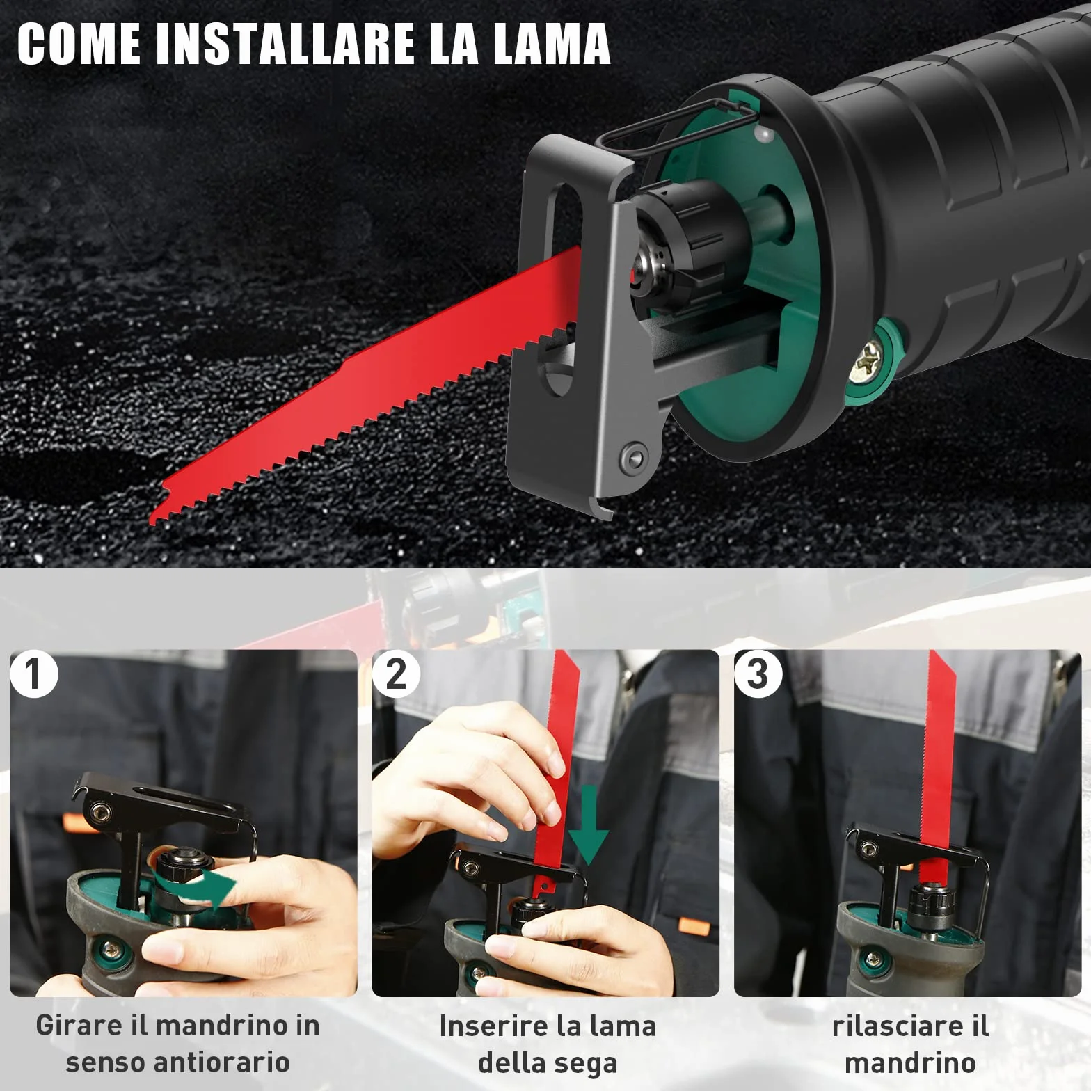 HYCHIKA Sega a Gattuccio, Seghetto A Batteria 18V, 2 batterie 2,0Ah, Velocità Variabile 0-2800 SPM, 2 Lame, Caricabatterie rapido, Luce LED, Adatto per Tagliare Legno e Metallo