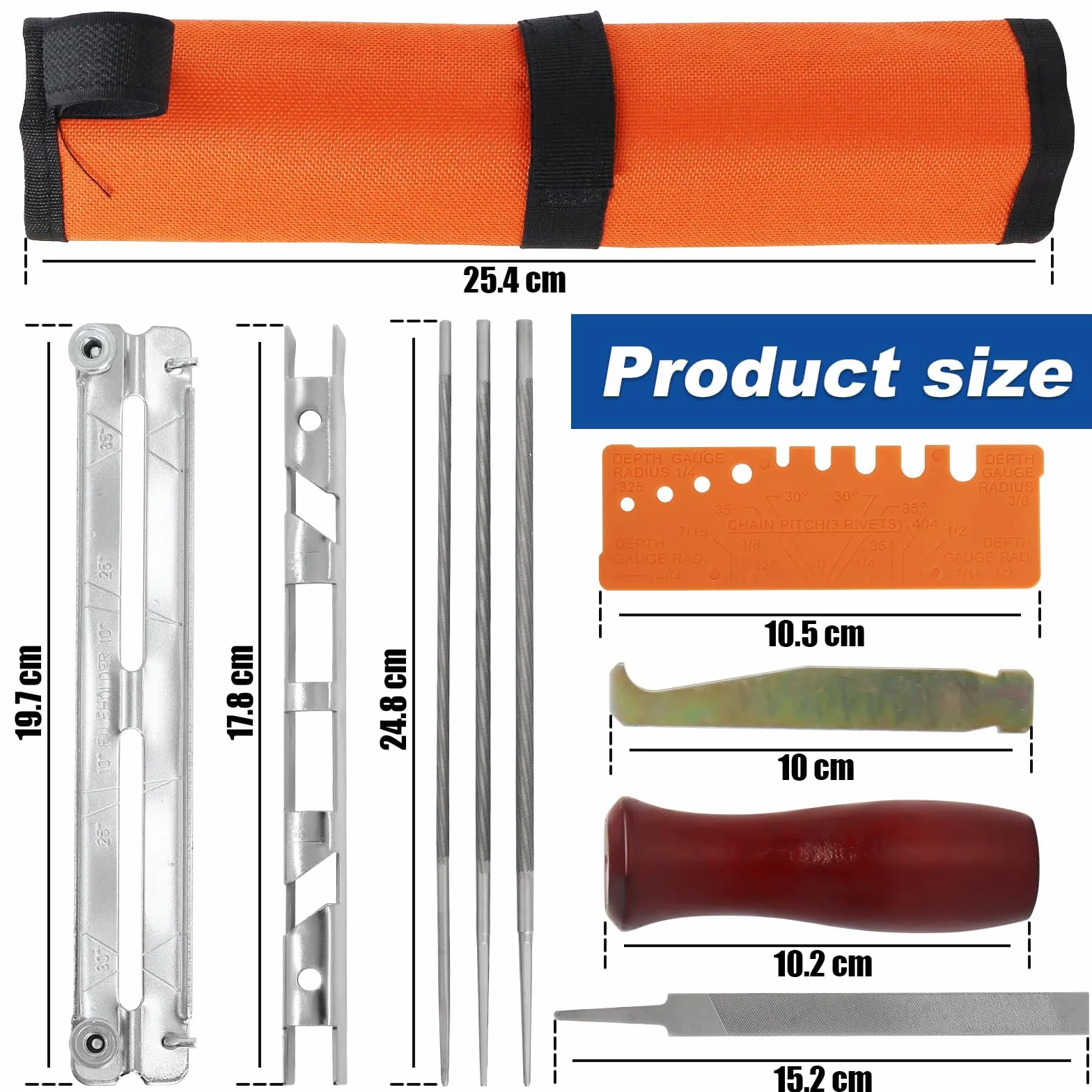 Poweka Affilatore a Catena con Sega, Set di Lime per Affilare Seghe a Catena con Lime, Manici in Legno, Misuratore di profondità, Guida per la Levigatura, Borsa degli Attrezzi e Vite da Banco