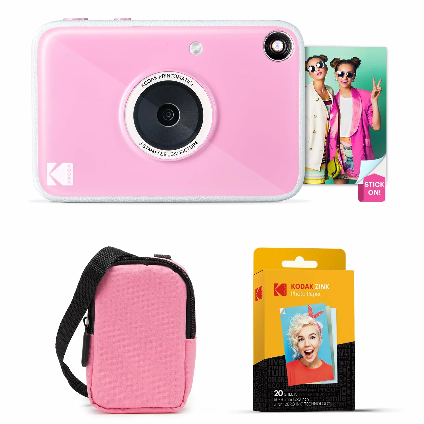 KODAK Printomatic+ Fotocamera Istantanea 10MP Kit Iniziale (Rosa) con Custodia, RGB LED e Carta Adesiva Zink 20pz – Rosa