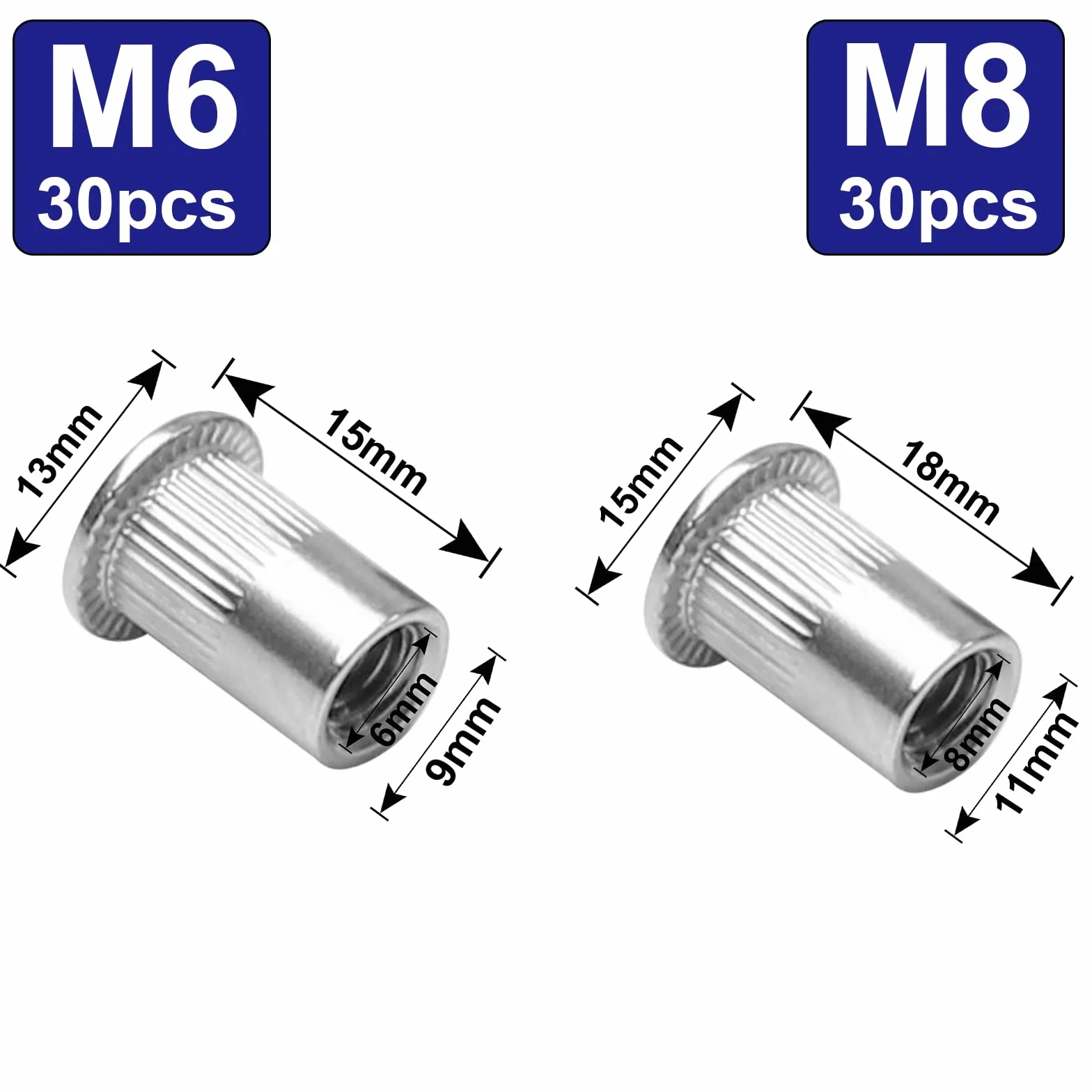 Dadi per rivetti M6/M8 in acciaio inox A2 V2A 60 pezzi ciechi testa piatta