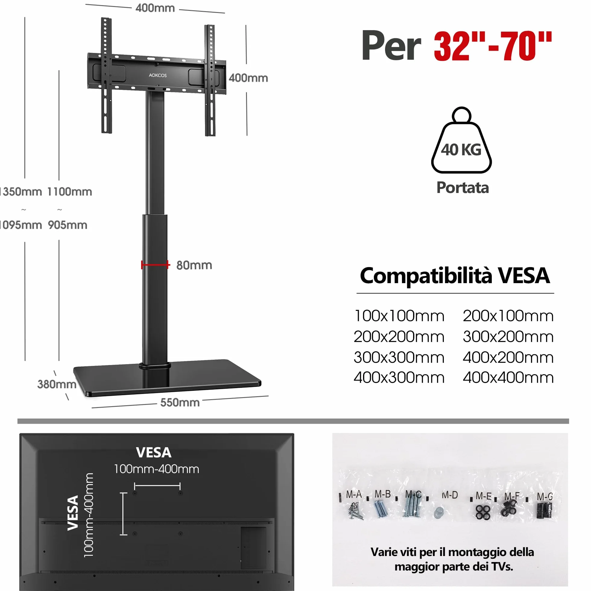 AOKCOS Supporto TV da Pavimento inclinabile per 32-55 65 70 Pollici, Girevole & Altezza Regolazione Mobile Porta TV da Terra, Max VESA 400x400mm 40kg