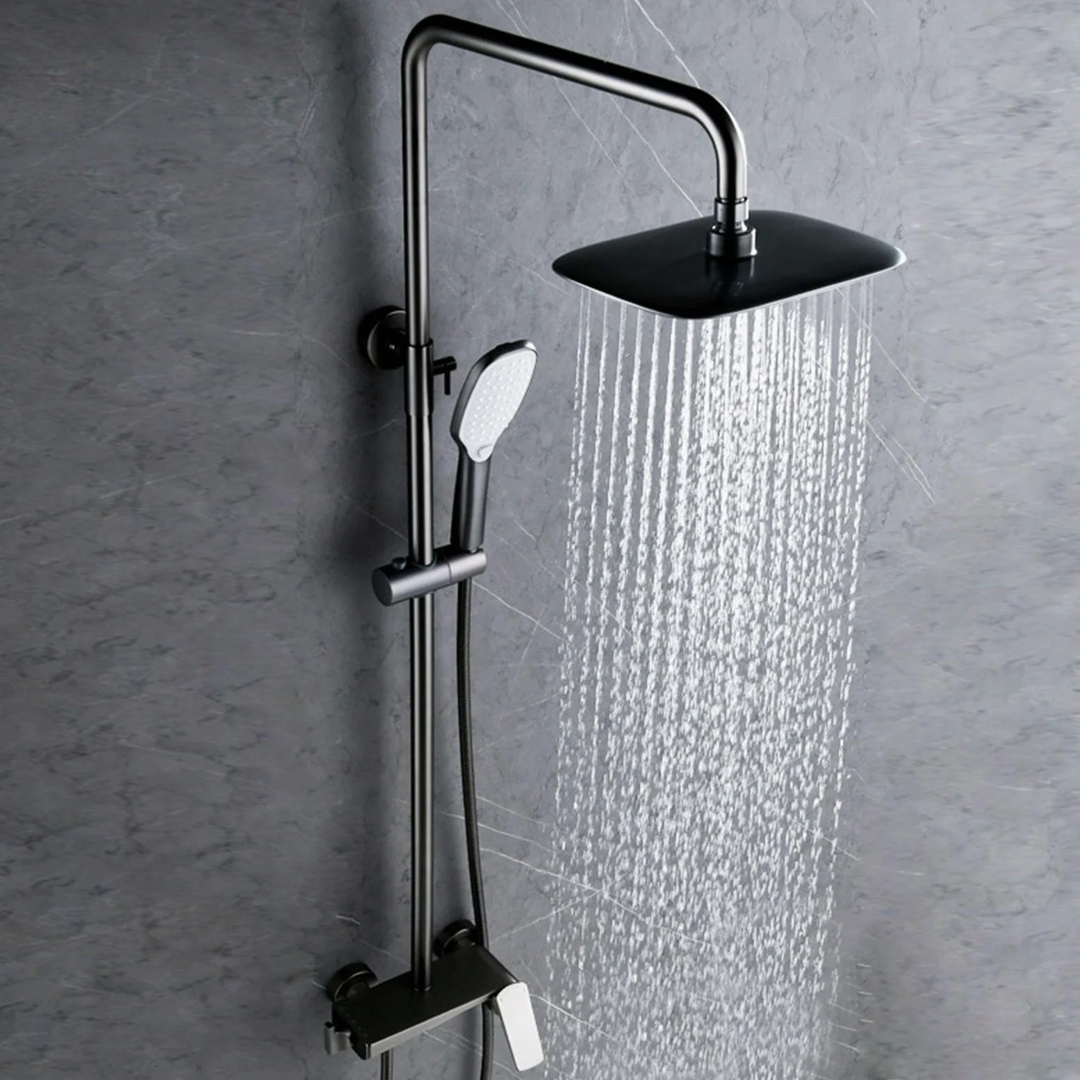 Kit Doccia a Muro con Soffione Rettangolare Miscelatore Cascata e Doccetta | Grigio Canna di Fucile Nucleo Della Valvola in Ceramica, Distanza Dei Fori Regolabile Da 13,5 a 16,5cm