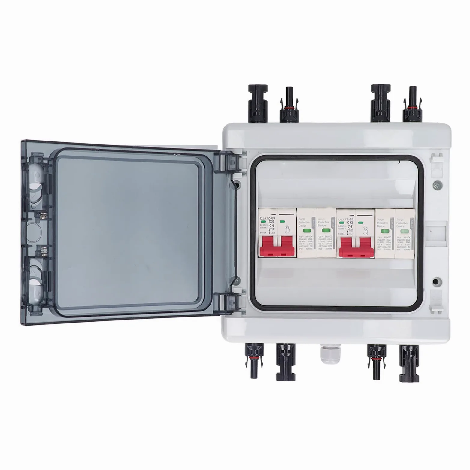 Interruttore Automatico Solare, Interruttore Automatico Fotovoltaico con Accessori di Protezione, Interruttore Automatico DC 500 V 32 A 2 in 2 Out con Scatola, Rastrelliere per