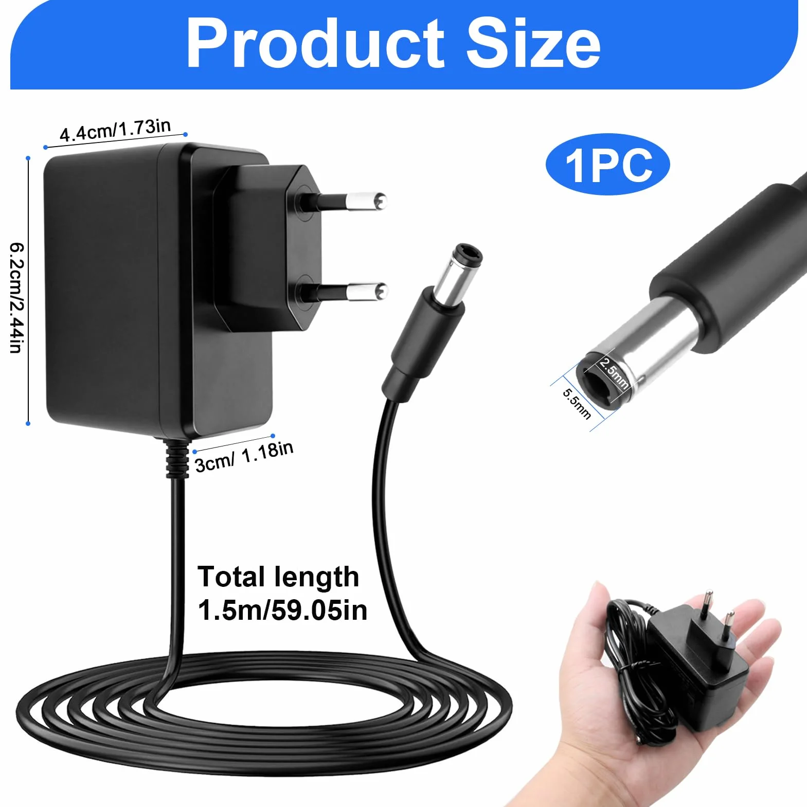 Adattatore Alimentazione 12V 1,5A Universale, Alimentatore AC/DC 100–240V con Presa Jack DC 5,5×2,5 mm, Caricatore per TV Box, Strisce LED, Router, Telecamere, Lampade, Cavo 1.5 m